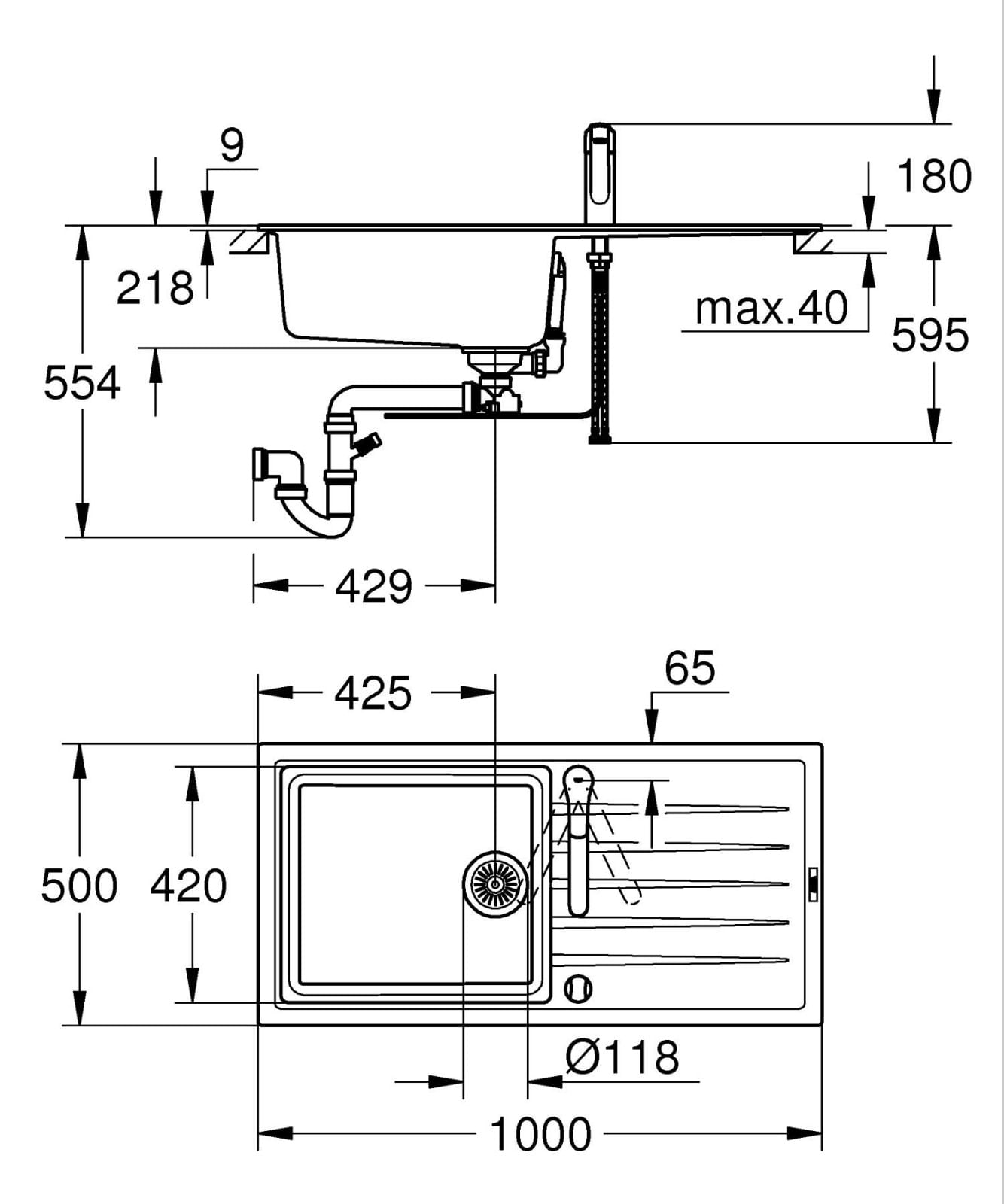 Pachet chiuveta bucatarie Grohe 31884AP0, Via, quartz, pe blat, 1000 x 500 mm, baterie Grohe, negru/crom — imaginea 5