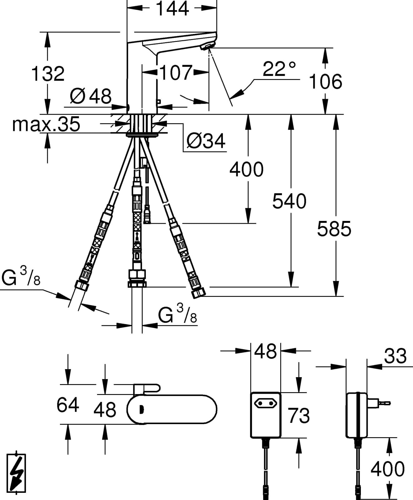 Baterie lavoar cu senzor Grohe 36324001, 1 bar, 132 mm, 144 mm, 550 mm, 7 programe, 1 orificii instalare, Crom — imaginea 3
