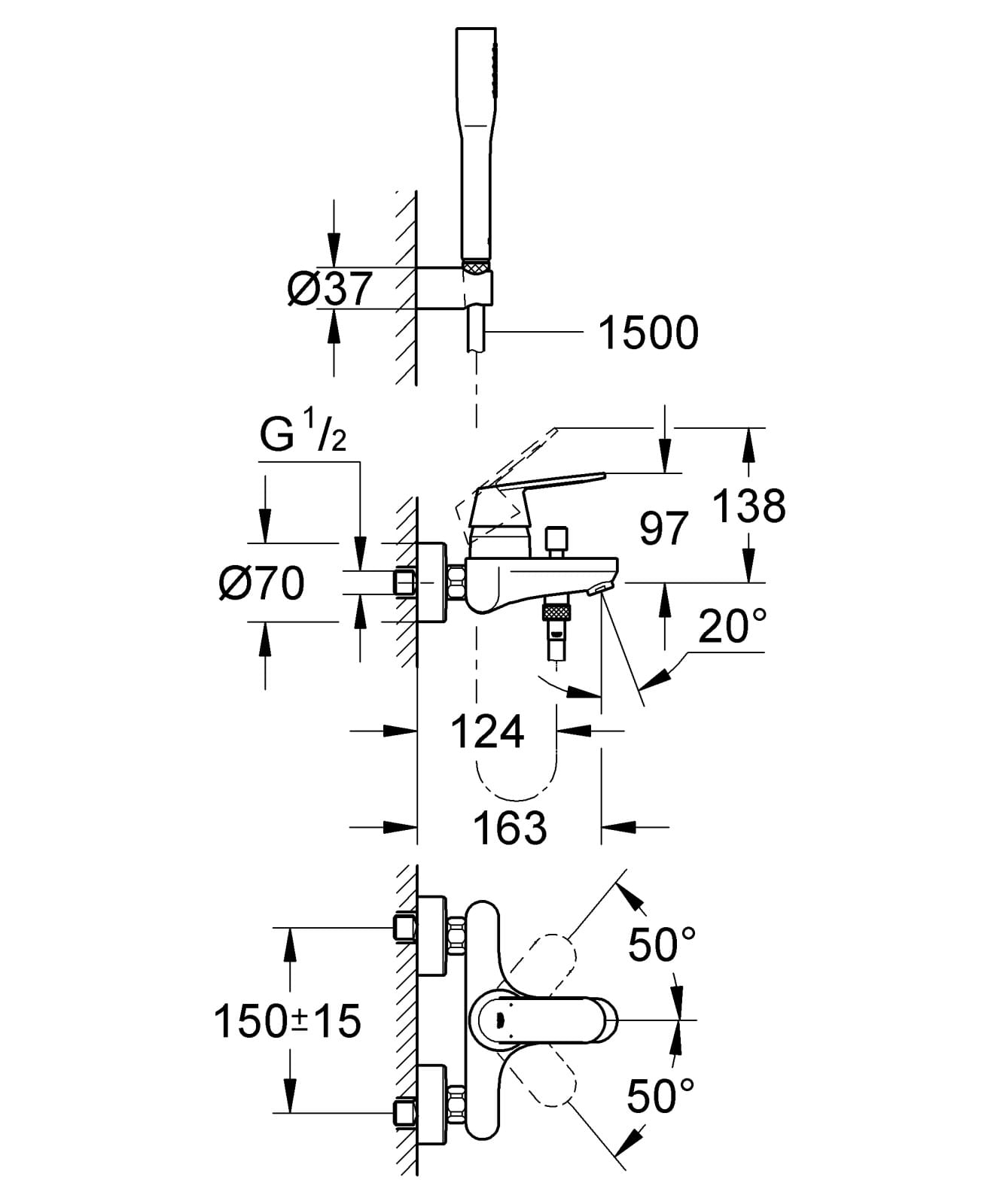 Set baterie cada Grohe 32832000, 124 mm, 1 bar, 65 mm, 1.5 m, 210 mm, 163 mm, 39 mm, 2 orificii instalare, Crom — imaginea 2