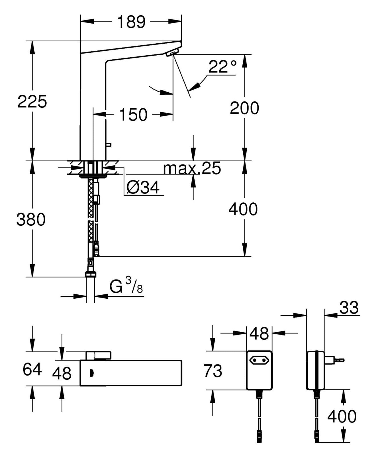 Baterie lavoar cu senzor Grohe 36440000, 1 bar, 225 mm, 189 mm, 380 mm, 7 programe, 1 orificii instalare, Crom — imaginea 3