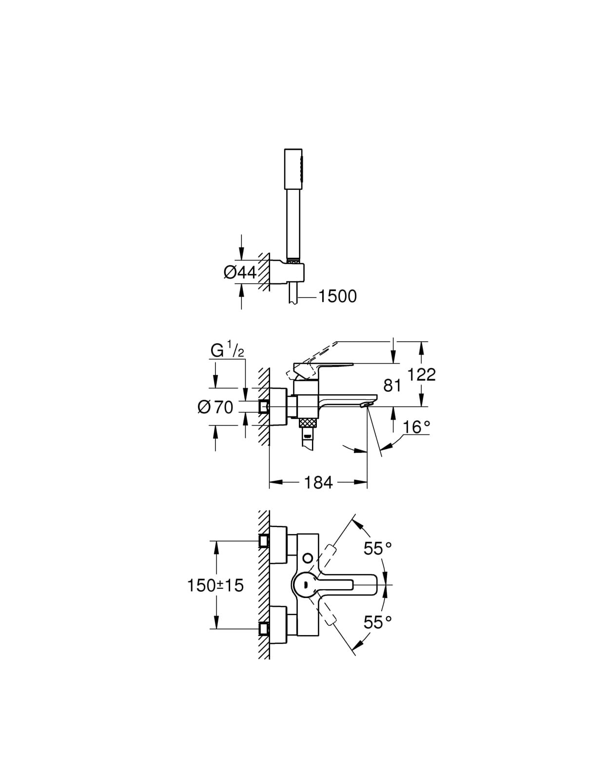 Set de cada Grohe 33850001, 1 bar, 66 mm, 1.25 m, 244 mm, 184 mm, 2 orificii instalare, 1 functii para dus, Crom — imaginea 2