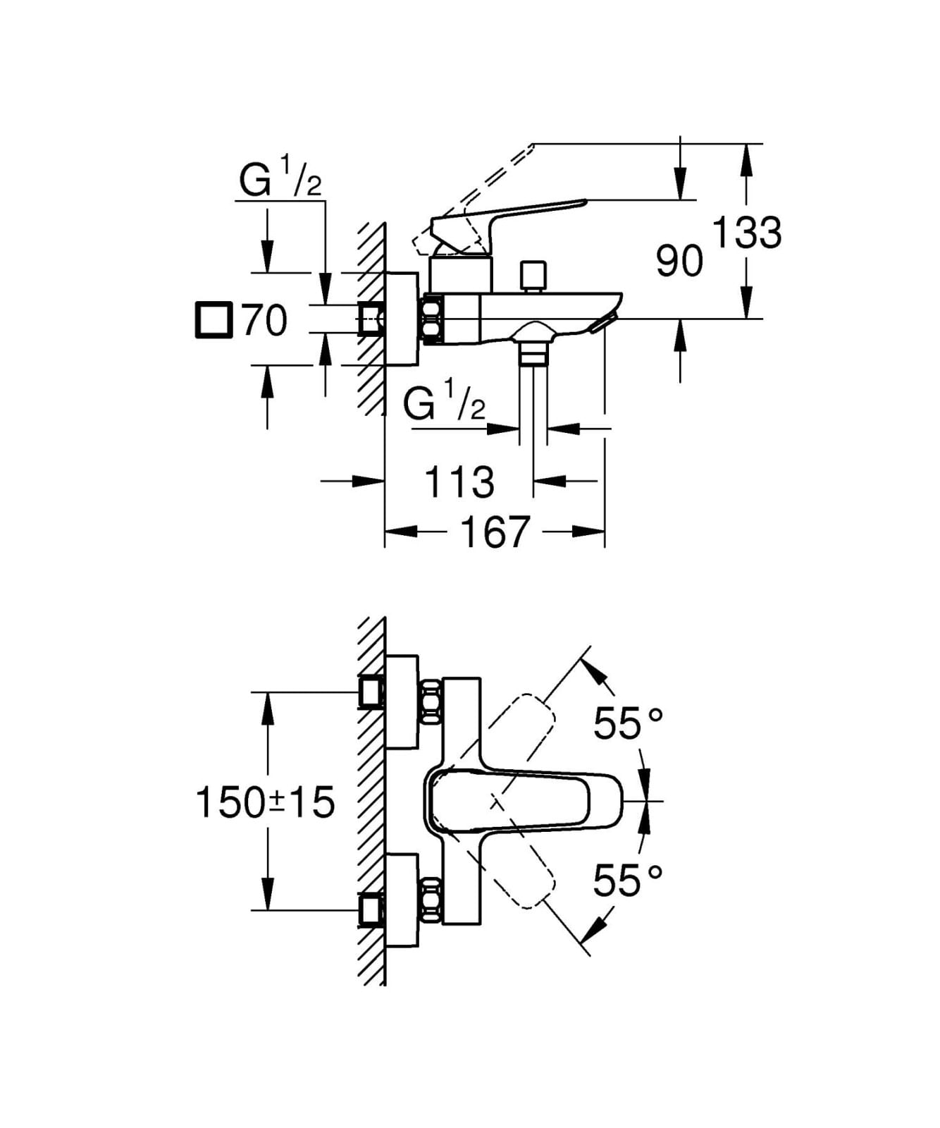Baterie cada Grohe 1018132430, 1 bar, 167 mm, 224 mm, 50 mm, 2 orificii instalare, 1/2 dimensiune racord, Negru — imaginea 5