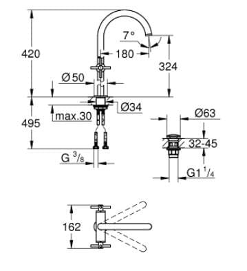 Baterie lavoar Grohe 21044003, 1 bar, 35 mm, 420 mm, 180 mm, 495 mm, 1 orificii instalare, 3/8 dimensiune racord, Crom — imaginea 2