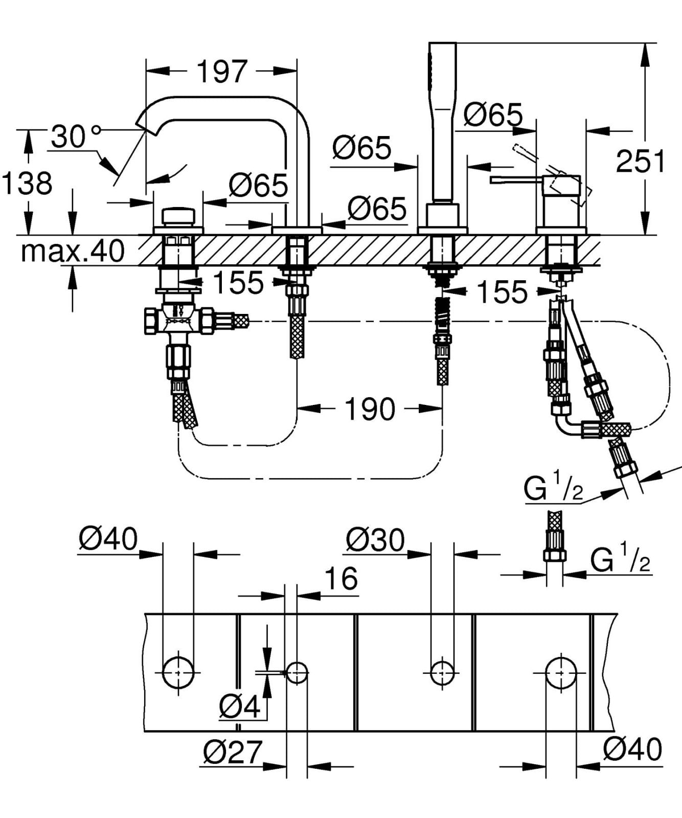 Baterie cada Grohe 25251001, 1 bar, 28 mm, 2 m, 251 mm, 480 mm, 197 mm, 4 orificii instalare, 1 functii para dus, Crom — imaginea 2