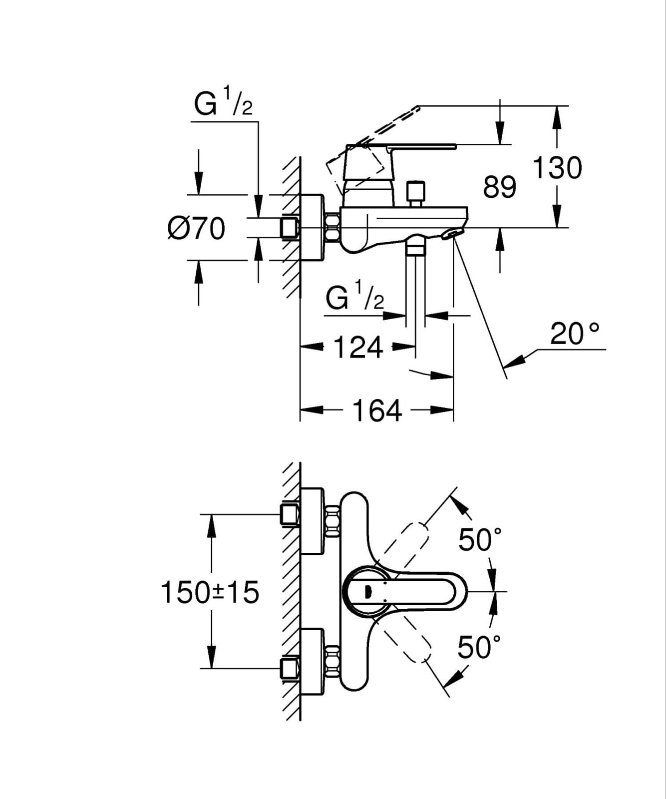 Baterie cada Grohe 328872430, 1 bar, 164 mm, 212 mm, 2 orificii instalare, 1/2 dimensiune racord, Negru — imaginea 3