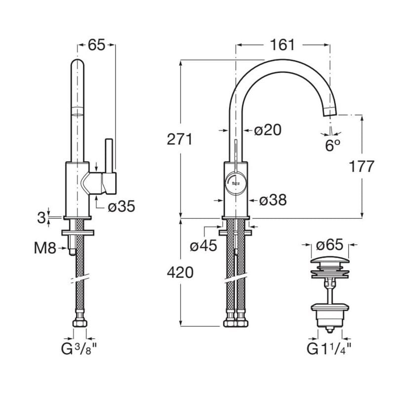 Baterie lavoar Roca A5A4A9ERG0, 28 mm, 5 l/min, 0.5 bar, 35 mm, 271 mm, 161 mm, 420 mm, 1 orificii instalare, Cupru — imaginea 2