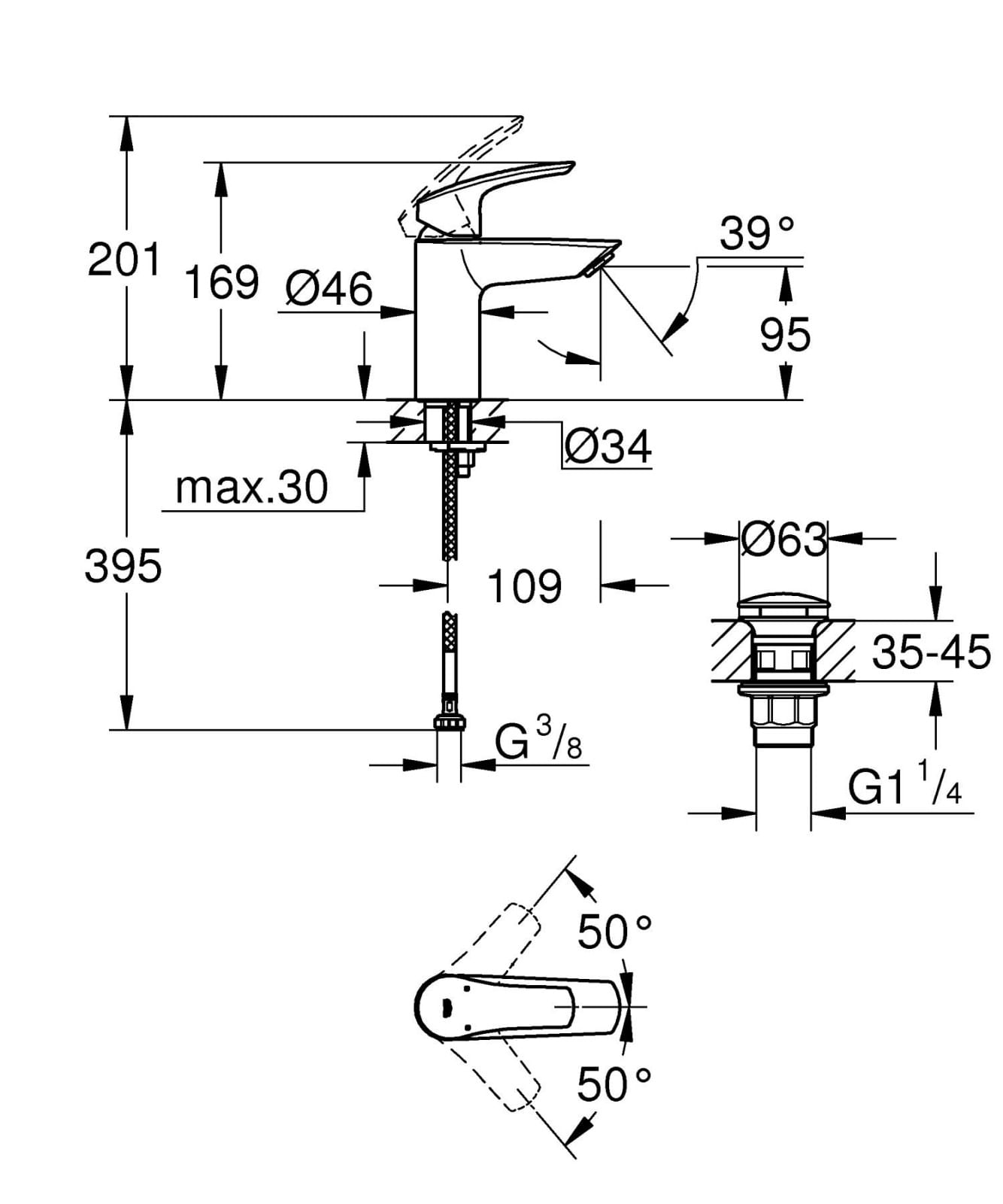 Baterie lavoar Grohe 23922003, 28 mm, 5 l/min, 0.8 bar, 35 mm, 169 mm, 109 mm, 395 mm, 1 orificii instalare, Crom — imaginea 3