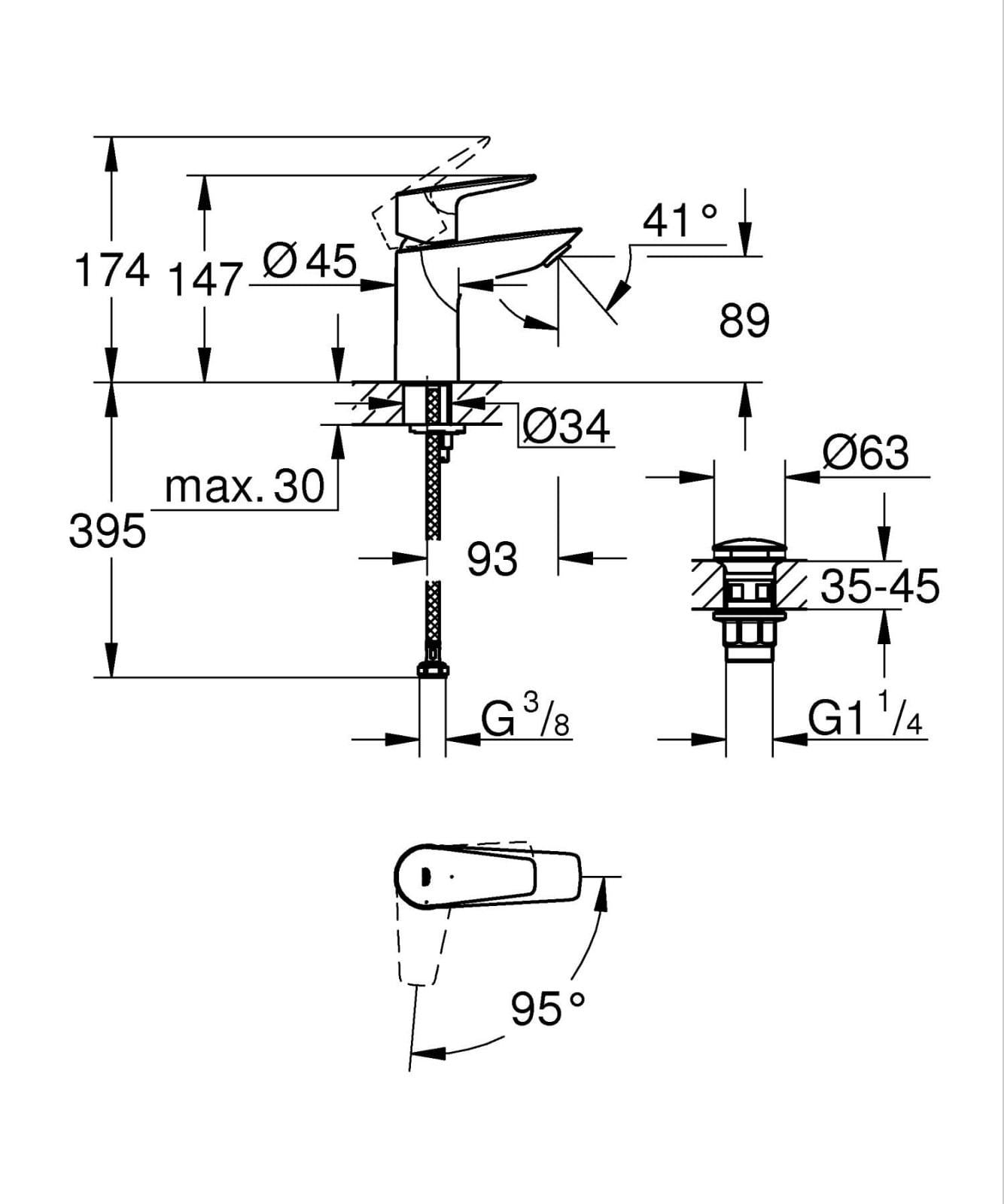 Baterie lavoar Grohe 239002431, 28 mm, 5 l/min, 0.7 bar, 34 mm, 147 mm, 93 mm, 395 mm, 1 orificii instalare, Negru — imaginea 6