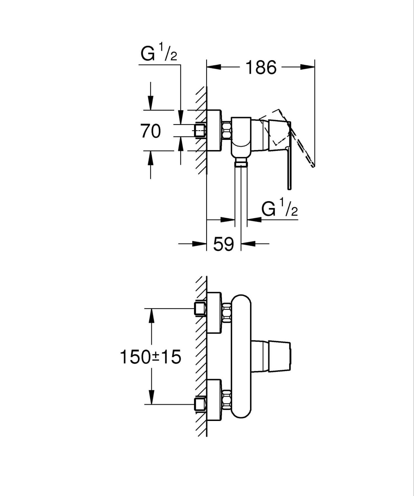 Baterie dus Grohe 328882430, 1 bar, 135 mm, 215 mm, 2 orificii instalare, 1/2 dimensiune racord furtun, Negru — imaginea 5