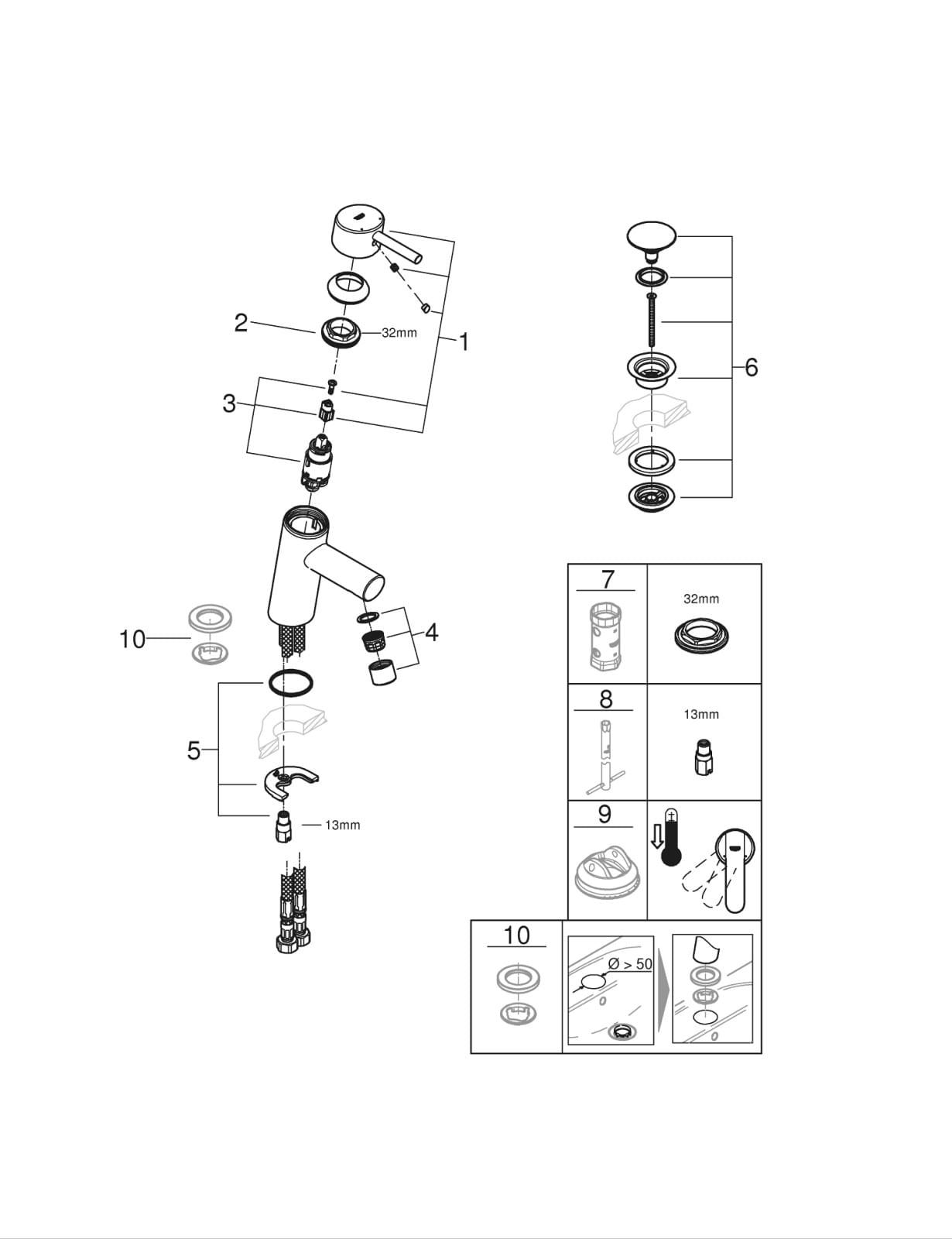 Baterie lavoar Grohe 23931001, 28 mm, 5.7 l/min, 0.3 bar, 35 mm, 155 mm, 101 mm, 370 mm, 1 orificii instalare, Crom — imaginea 2