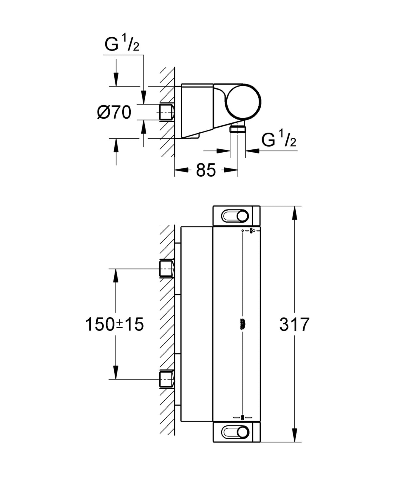 Baterie dus Grohe 34469001, 1 bar, 79 mm, 313 mm, 2 orificii instalare, 1/2 dimensiune racord furtun, Crom — imaginea 3