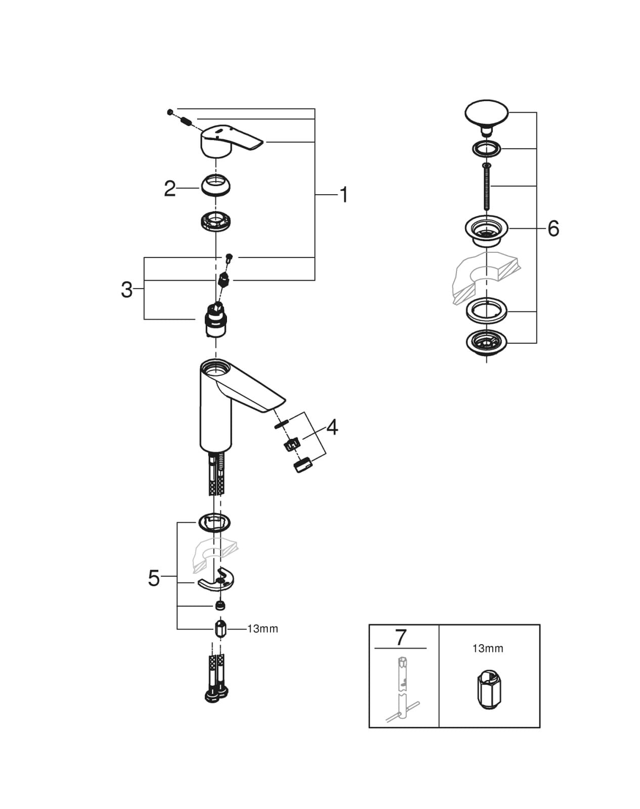 Baterie lavoar Grohe 23923003, 28 mm, 5.7 l/min, 0.3 bar, 35 mm, 195 mm, 121 mm, 365 mm, 1 orificii instalare, Crom — imaginea 7