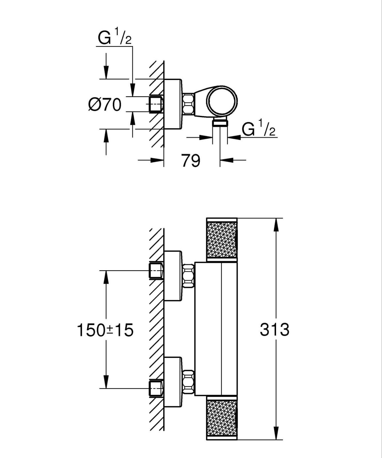 Baterie dus Grohe 347902430, 1 bar, 91 mm, 313 mm, 2 orificii instalare, 1/2 dimensiune racord furtun, Negru — imaginea 5