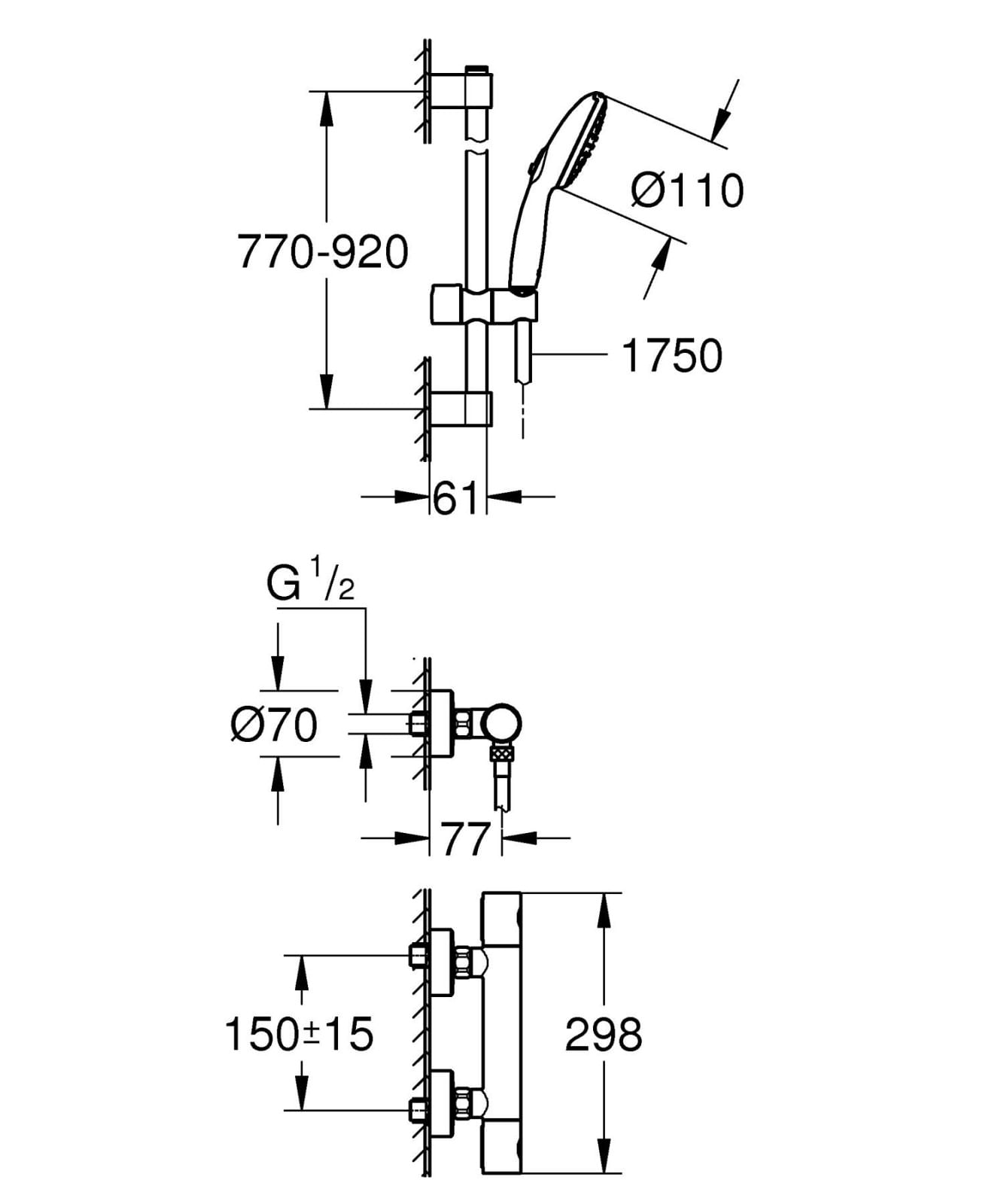 Baterie dus Grohe 34769001, 0.7 bar, 77 mm, 298 mm, 110 mm, 1.6 m, 900 mm, 2 orificii instalare, Crom — imaginea 2