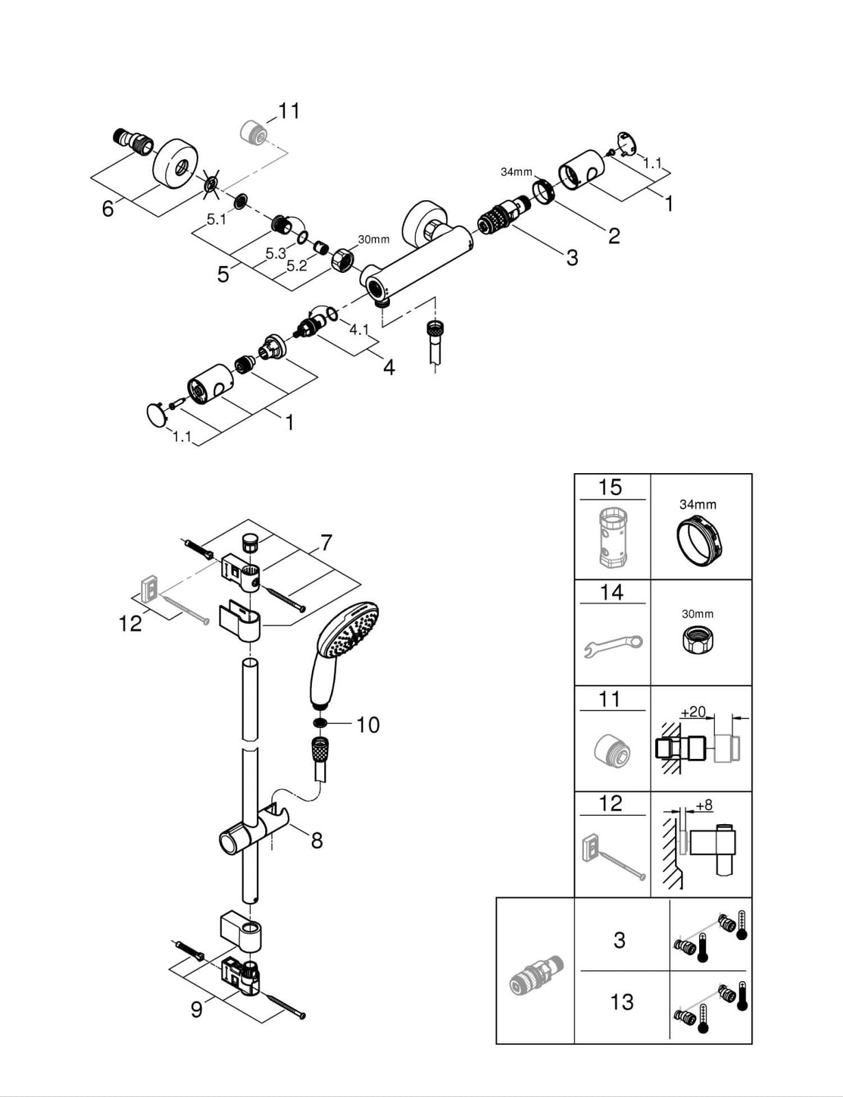 Baterie dus Grohe 34769001, 0.7 bar, 77 mm, 298 mm, 110 mm, 1.6 m, 900 mm, 2 orificii instalare, Crom — imaginea 3