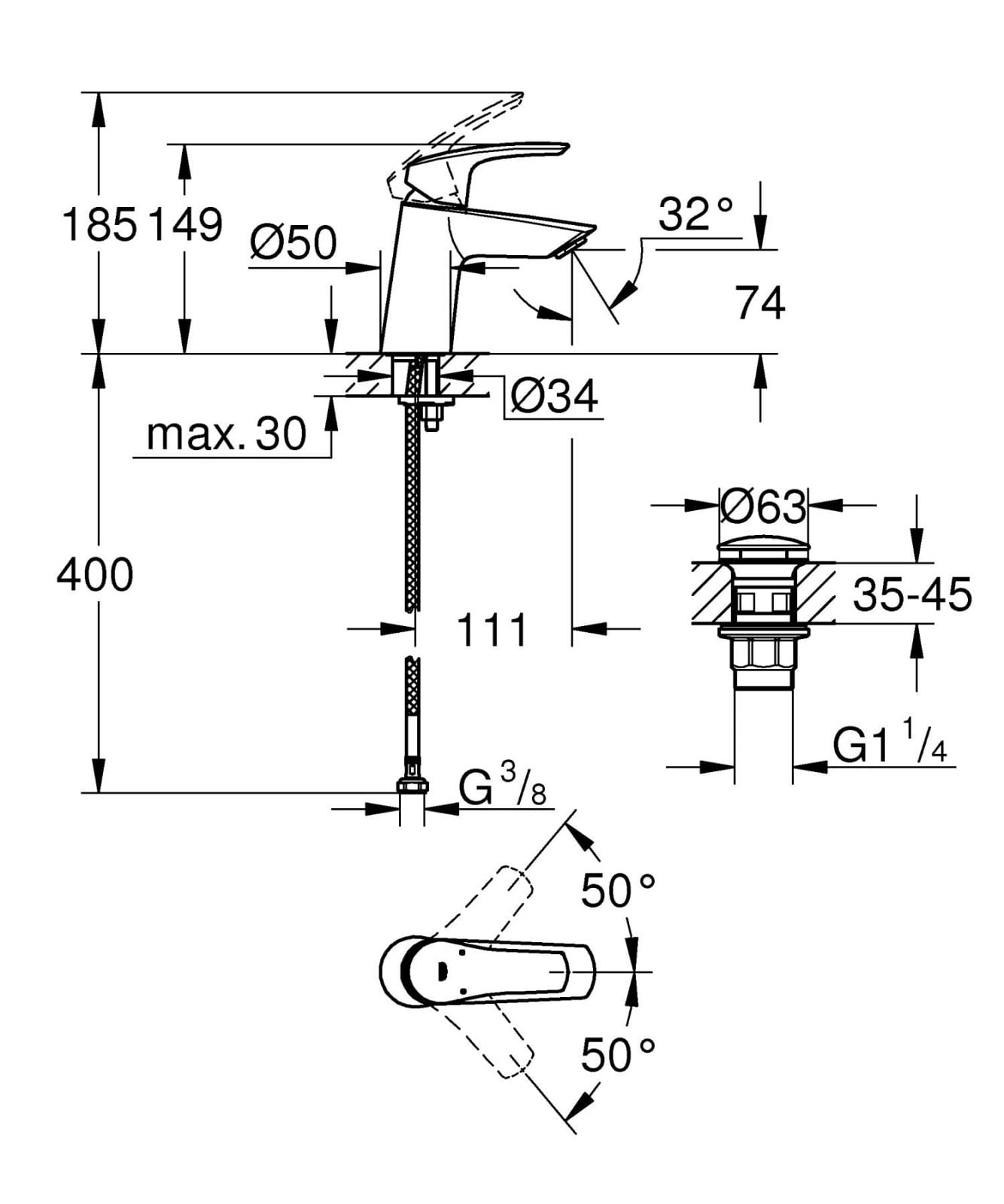 Baterie lavoar Grohe 239682433, 28 mm, 5 l/min, 0.8 bar, 35 mm, 149 mm, 111 mm, 400 mm, 1 orificii instalare, Negru — imaginea 3