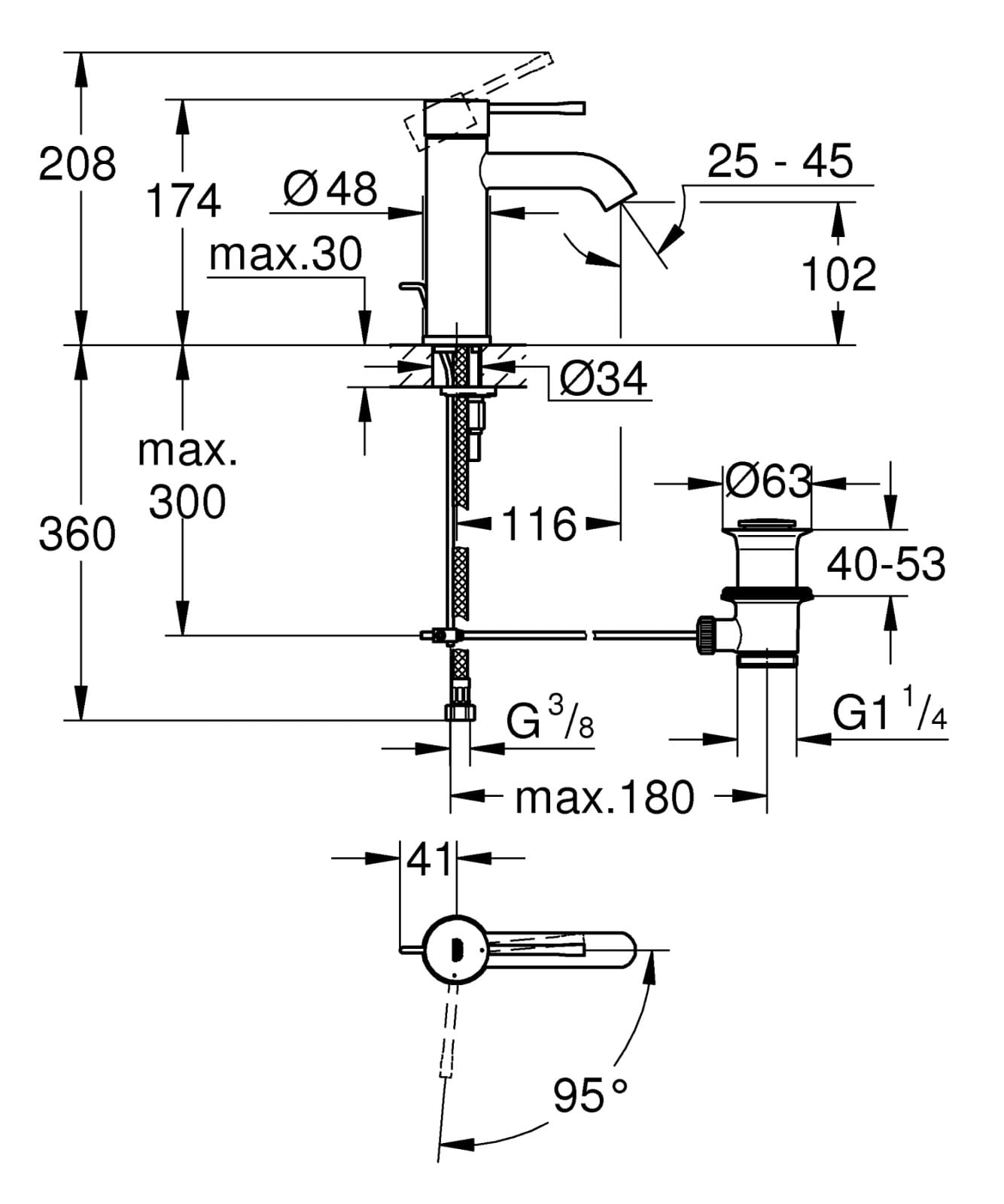 Baterie lavoar Grohe 24180001, 28 mm, 5.7 l/min, 0.3 bar, 35 mm, 174 mm, 94 mm, 360 mm, 1 orificii instalare, Crom — imaginea 2