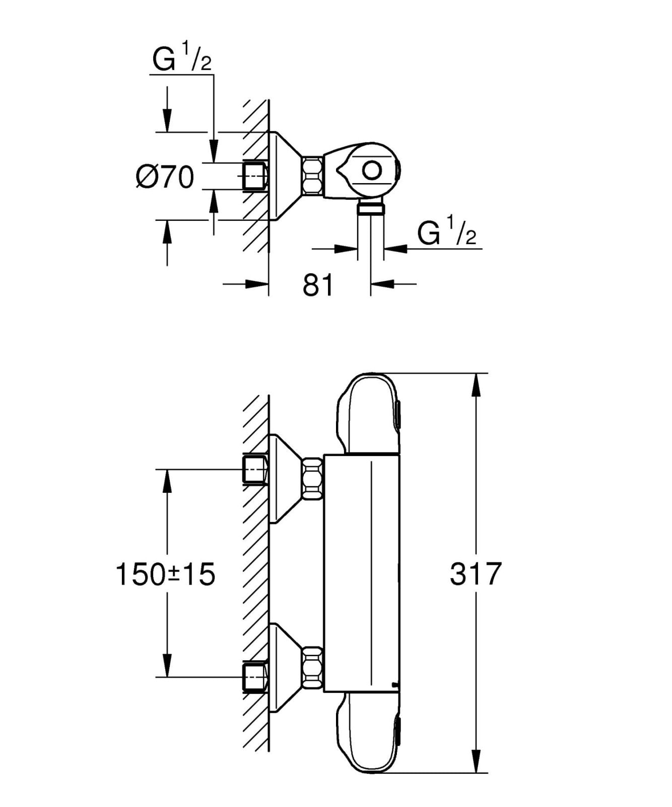 Baterie dus Grohe 348142433, 0.8 bar, 100 mm, 317 mm, 2 orificii instalare, 1/2 dimensiune racord furtun, Negru — imaginea 4