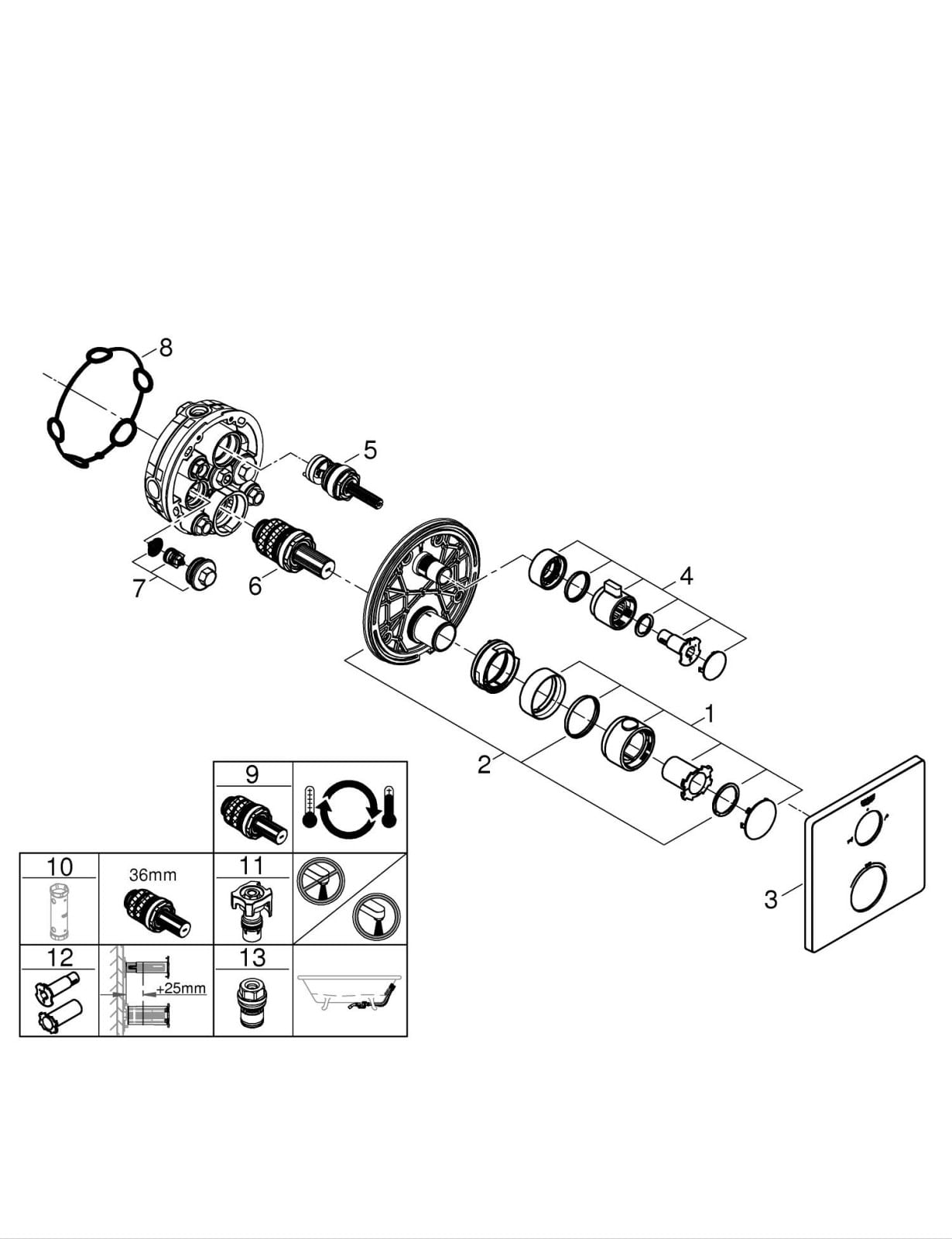 Unitate comanda cada Grohe 24080000, 1 bar, 158 mm, 10 mm, 2 iesiri, 1 functii palarie dus, 1/2 dimensiune racord, Crom — imaginea 6