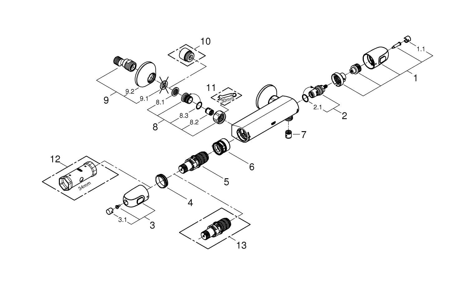 Baterie dus Grohe 34814003, 0.8 bar, 81 mm, 305 mm, 2 orificii instalare, 1/2 dimensiune racord furtun, Crom — imaginea 3