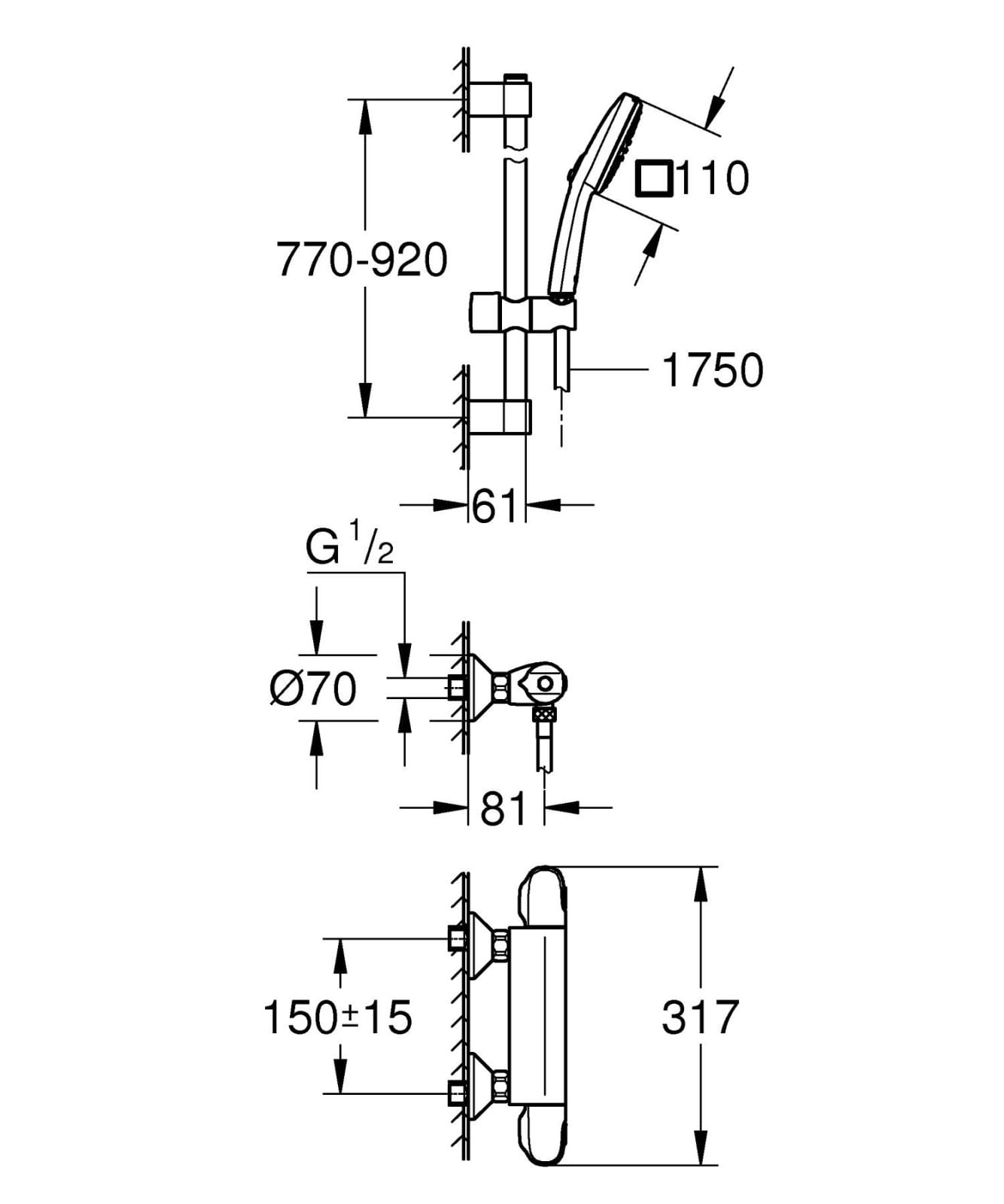 Baterie dus Grohe 34824005, 0.8 bar, 80 mm, 317 mm, 110 mm, 1.75 m, 900 mm, 2 orificii instalare, Crom — imaginea 2