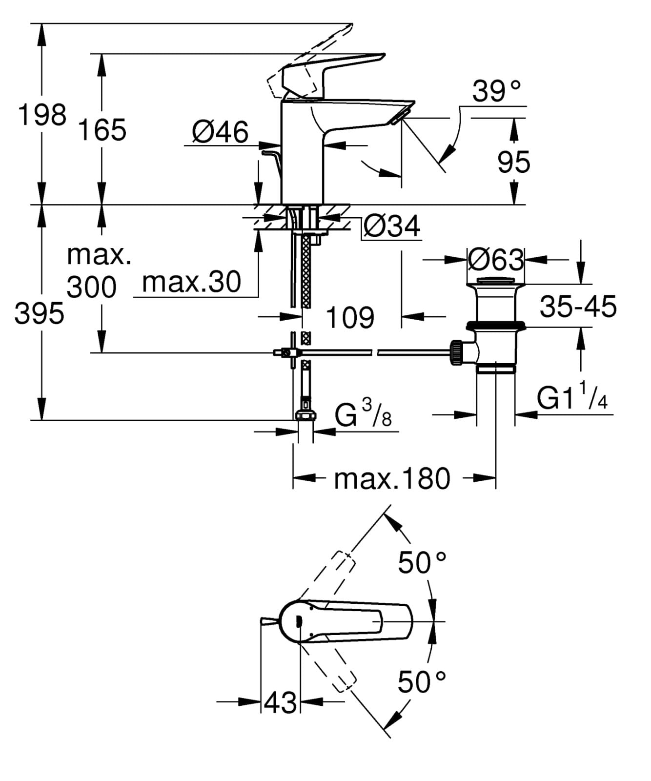 Baterie lavoar Grohe 24209002, 1 bar, 35 mm, 165 mm, 109 mm, 395 mm, 1 orificii instalare, 3/8 dimensiune racord, Crom — imaginea 4