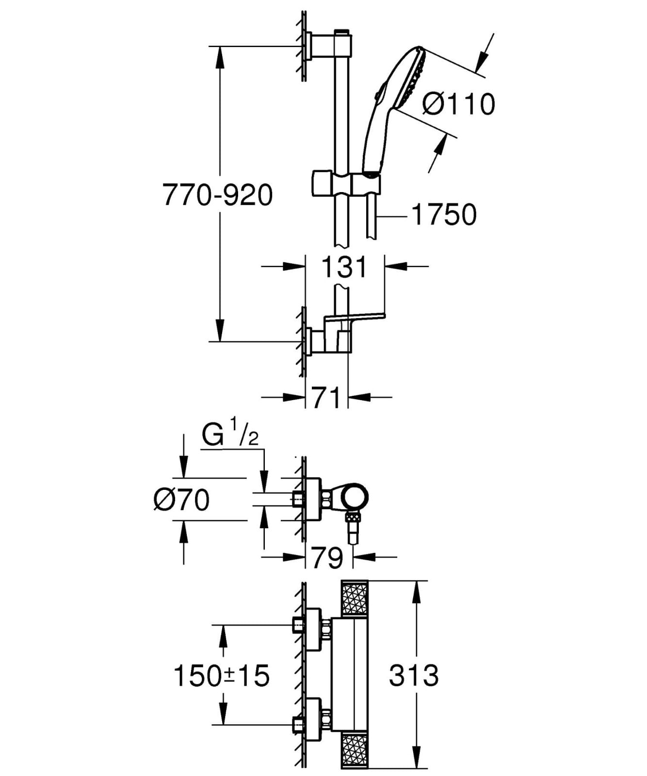 Baterie dus Grohe 34853001, 0.8 bar, 80 mm, 317 mm, 110 mm, 1.75 m, 900 mm, 2 orificii instalare, Crom — imaginea 4