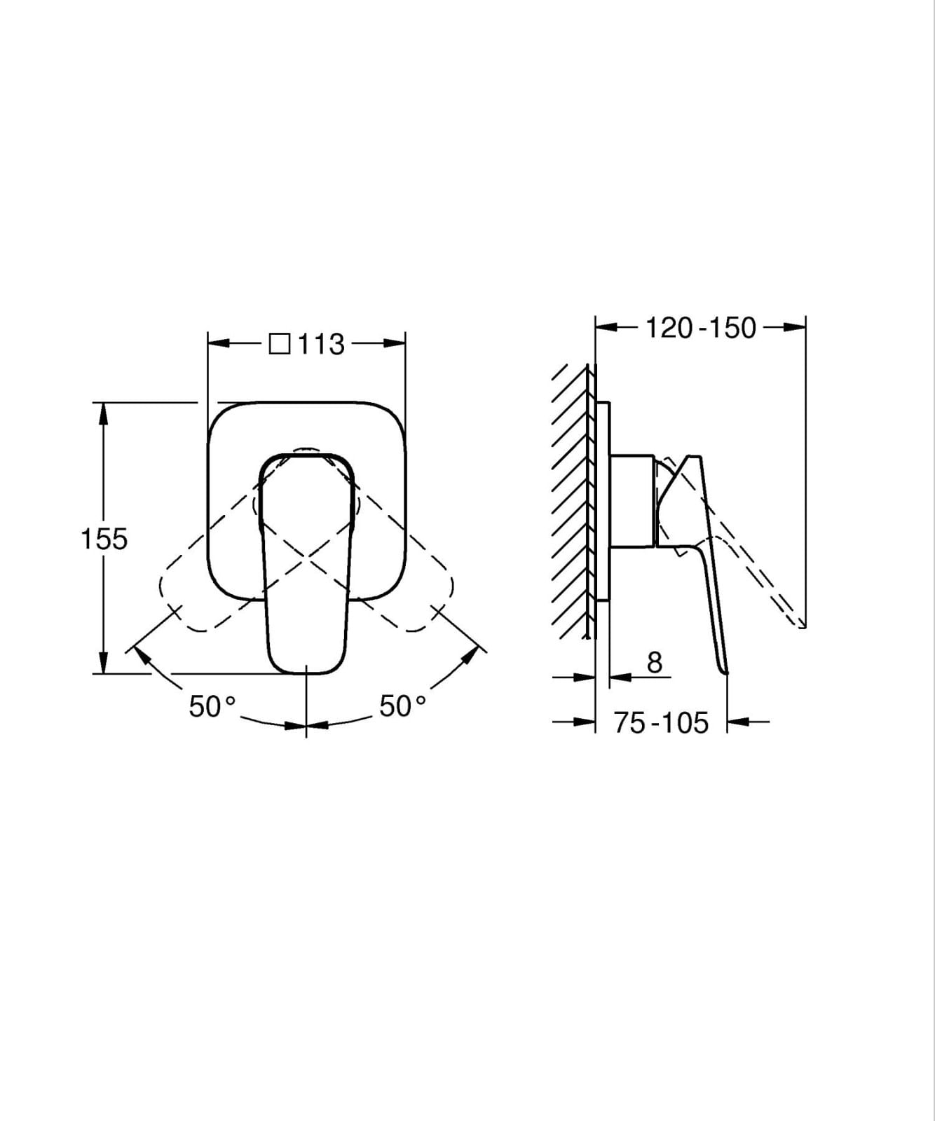 Unitate comanda Grohe 1018300000, 1 bar, 113 mm, 8 mm, 1 iesiri, 1 functii palarie dus, 1/2 dimensiune racord, Crom — imaginea 6