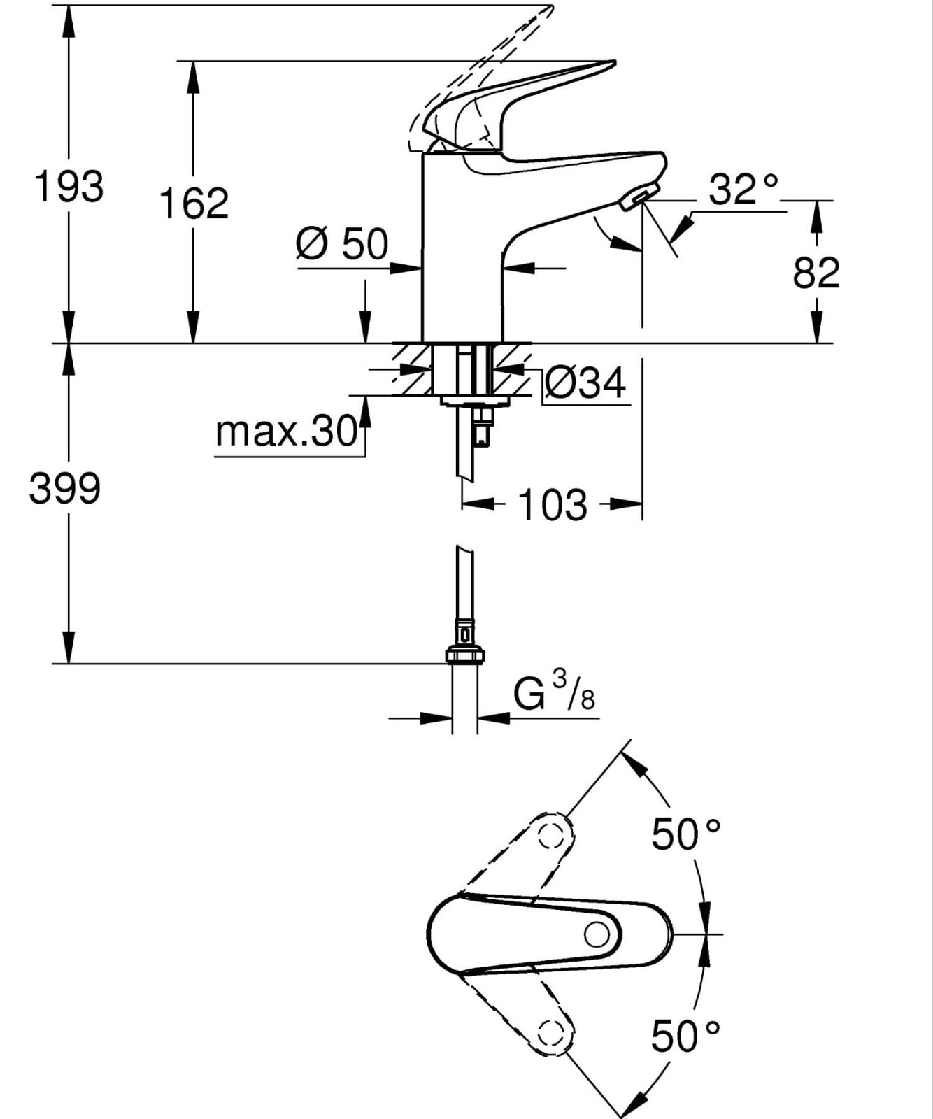 Baterie lavoar Grohe 24317001, 28 mm, 5 l/min, 0.8 bar, 35 mm, 162 mm, 103 mm, 399 mm, 1 orificii instalare, Crom — imaginea 3