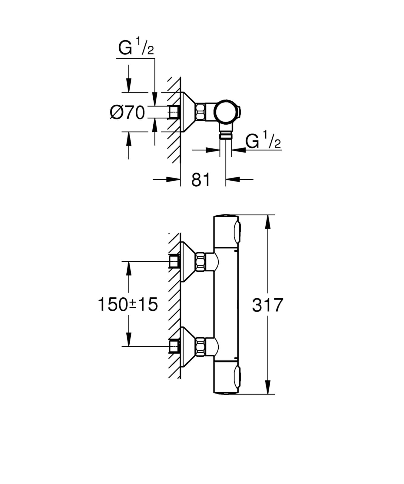 Baterie dus Grohe 34840000, 1 bar, 317 mm, 72 mm, 2 orificii instalare, 1/2 dimensiune racord furtun, Crom — imaginea 8