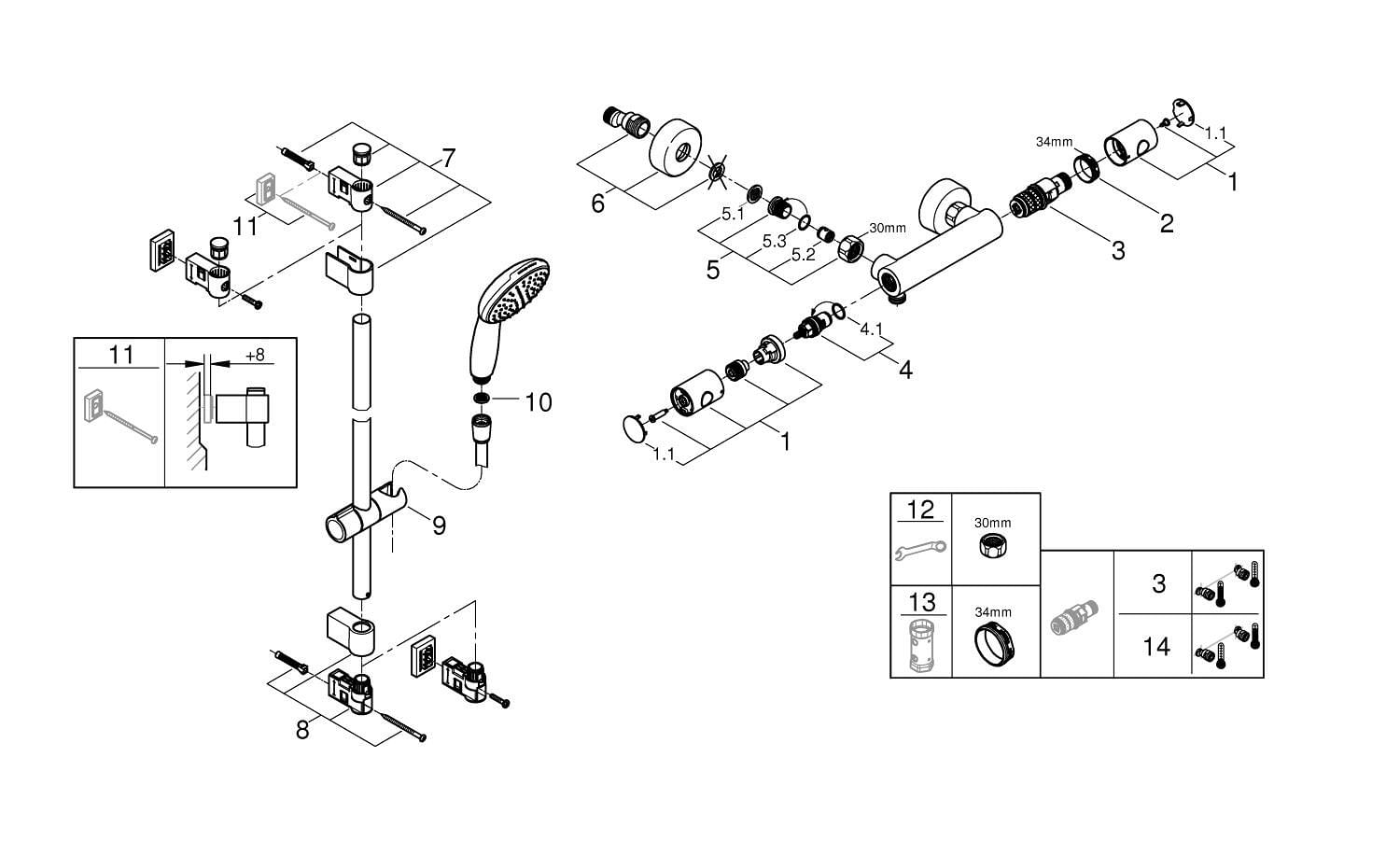 Baterie dus Grohe 34856000, 0.8 bar, 81 mm, 305 mm, 110 mm, 1.75 m, 600 mm, 2 orificii instalare, Crom — imaginea 2