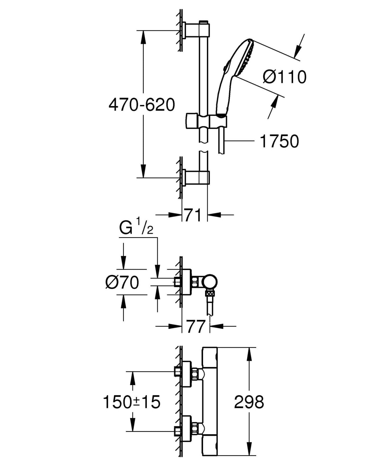 Baterie dus Grohe 34856000, 0.8 bar, 81 mm, 305 mm, 110 mm, 1.75 m, 600 mm, 2 orificii instalare, Crom — imaginea 3