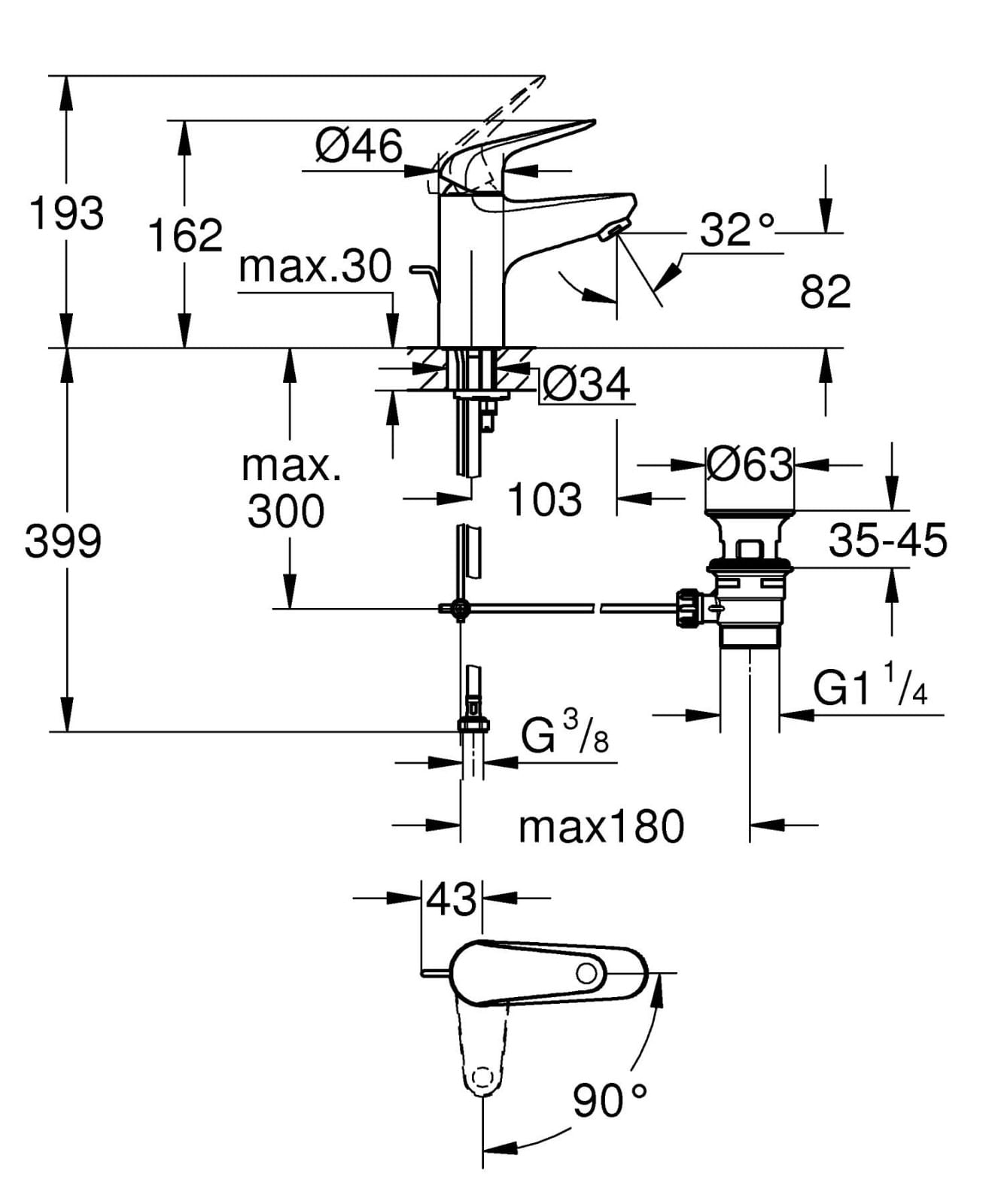 Baterie lavoar Grohe 24322001, 28 mm, 5 l/min, 0.8 bar, 35 mm, 167 mm, 103 mm, 400 mm, 1 orificii instalare, Crom — imaginea 8