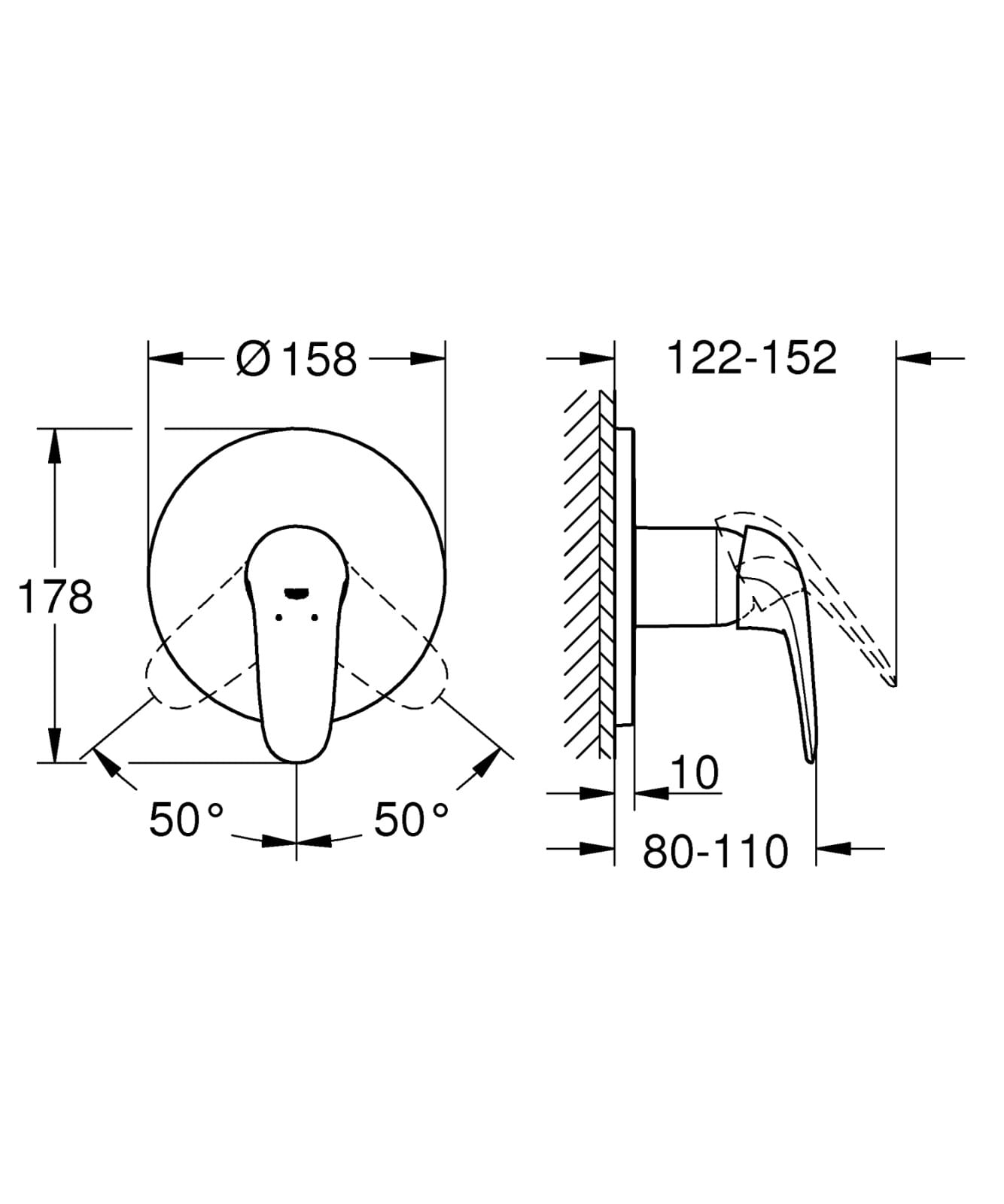 Unitate comanda Grohe 24046003, 1 bar, 158 mm, 10 mm, 1 iesiri, 1 functii palarie dus, 1/2 dimensiune racord, Crom — imaginea 4