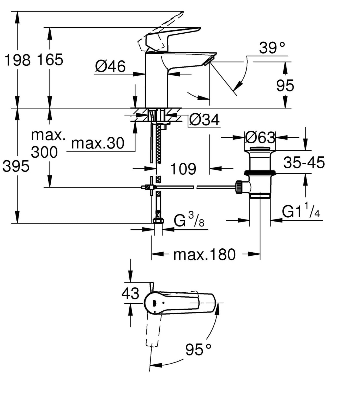 Baterie lavoar Grohe 311372432, 28 mm, 5.7 l/min, 0.6 bar, 35 mm, 165 mm, 109 mm, 395 mm, 1 orificii instalare, Negru — imaginea 2