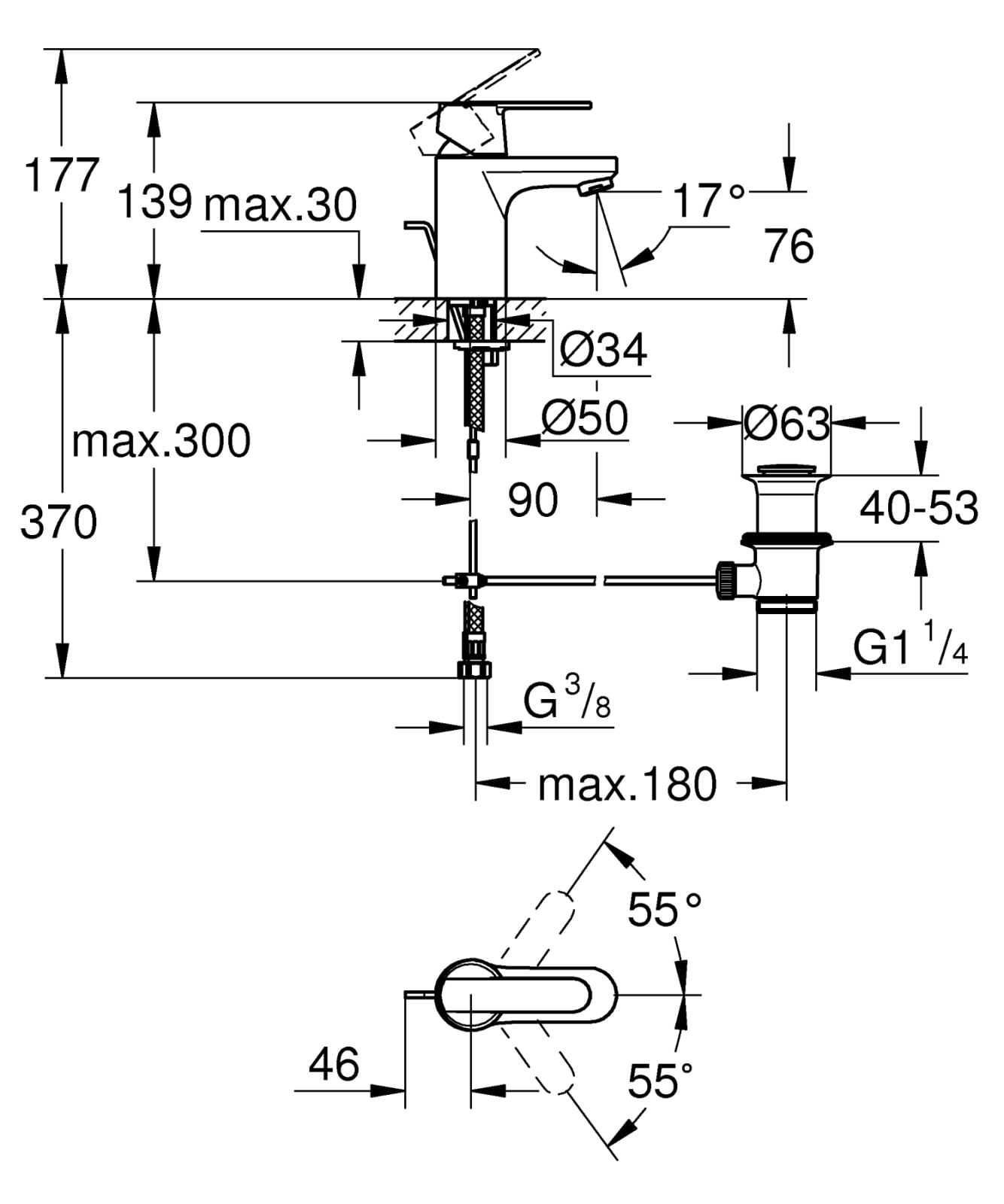 Baterie lavoar Grohe 32883000, 35 mm, 5.7 l/min, 1 bar, 139 mm, 90 mm, 370 mm, 1 orificii instalare, Crom — imaginea 2