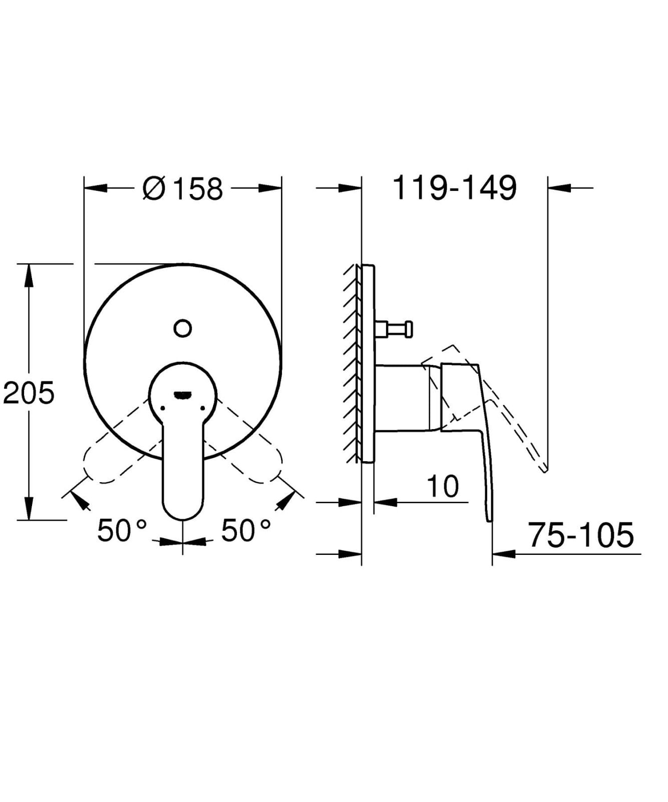 Unitate comanda Grohe 24052002, 1 bar, 158 mm, 10 mm, 2 iesiri, 1 functii palarie dus, 1/2 dimensiune racord, Crom — imaginea 3