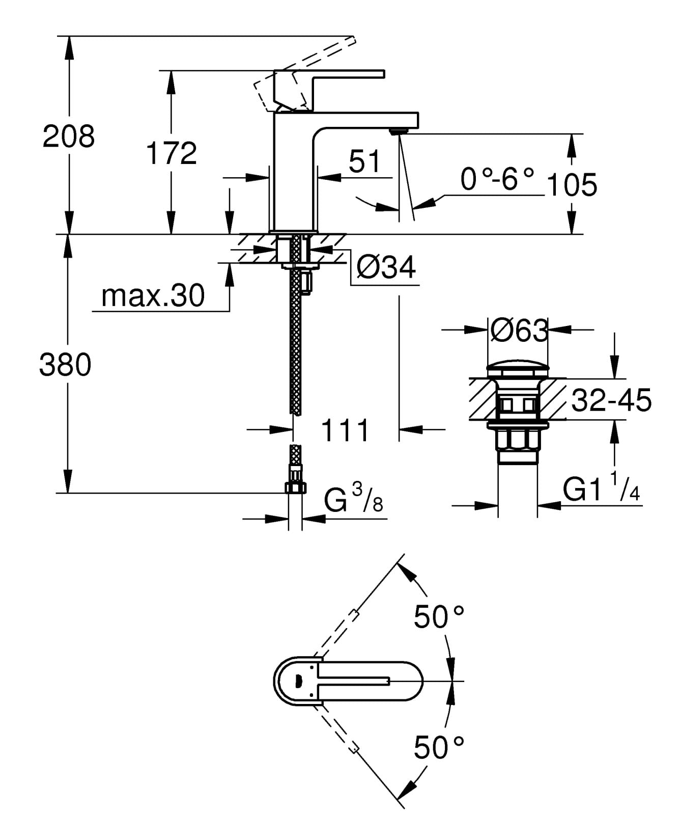 Baterie lavoar Grohe 33163003, 28 mm, 5.7 l/min, 1 bar, 35 mm, 172 mm, 111 mm, 1.52 kg, 420 mm, Crom — imaginea 2