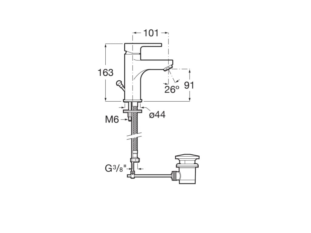 Baterie lavoar Roca A5A306AC0K, 28 mm, 5 l/min, 0.5 bar, 35 mm, 163 mm, 110 mm, 365 mm, 1 orificii instalare, Crom — imaginea 2