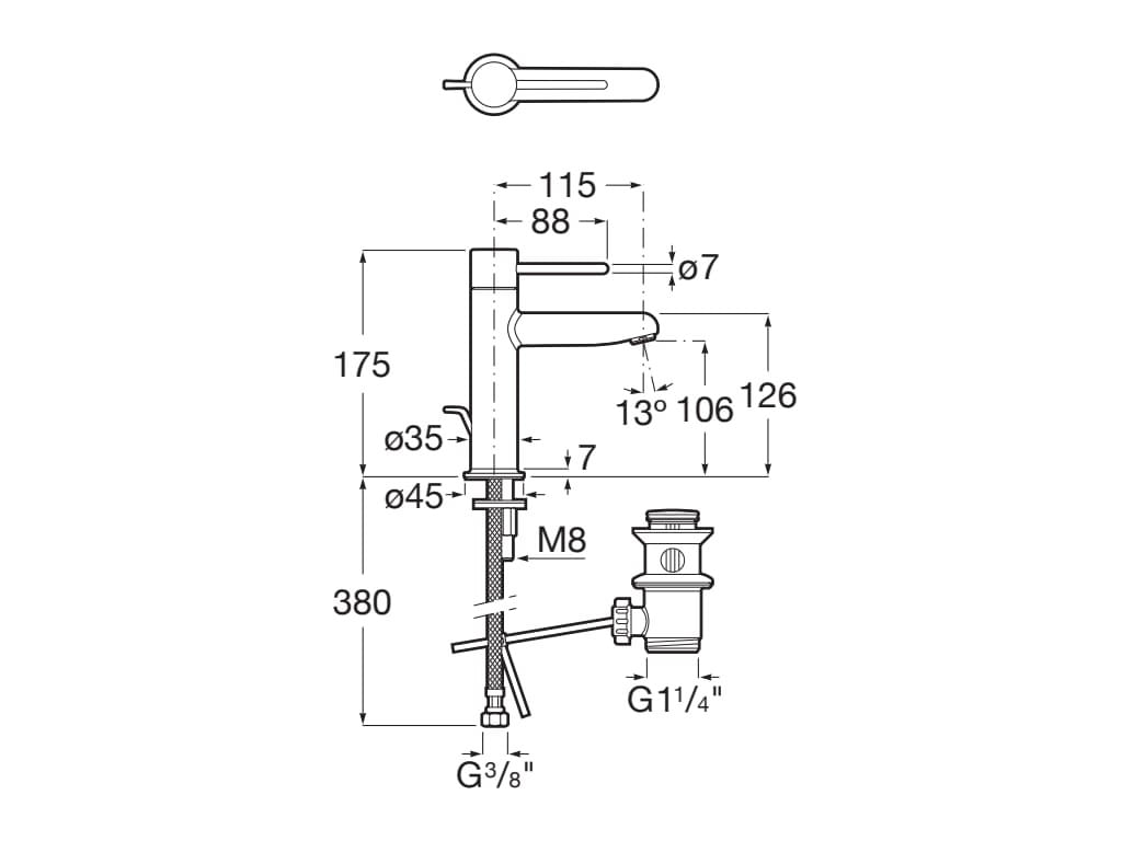 Baterie lavoar Roca A5A303FC00, 28 mm, 5 l/min, 0.5 bar, 35 mm, 175 mm, 115 mm, 380 mm, 1 orificii instalare, Crom