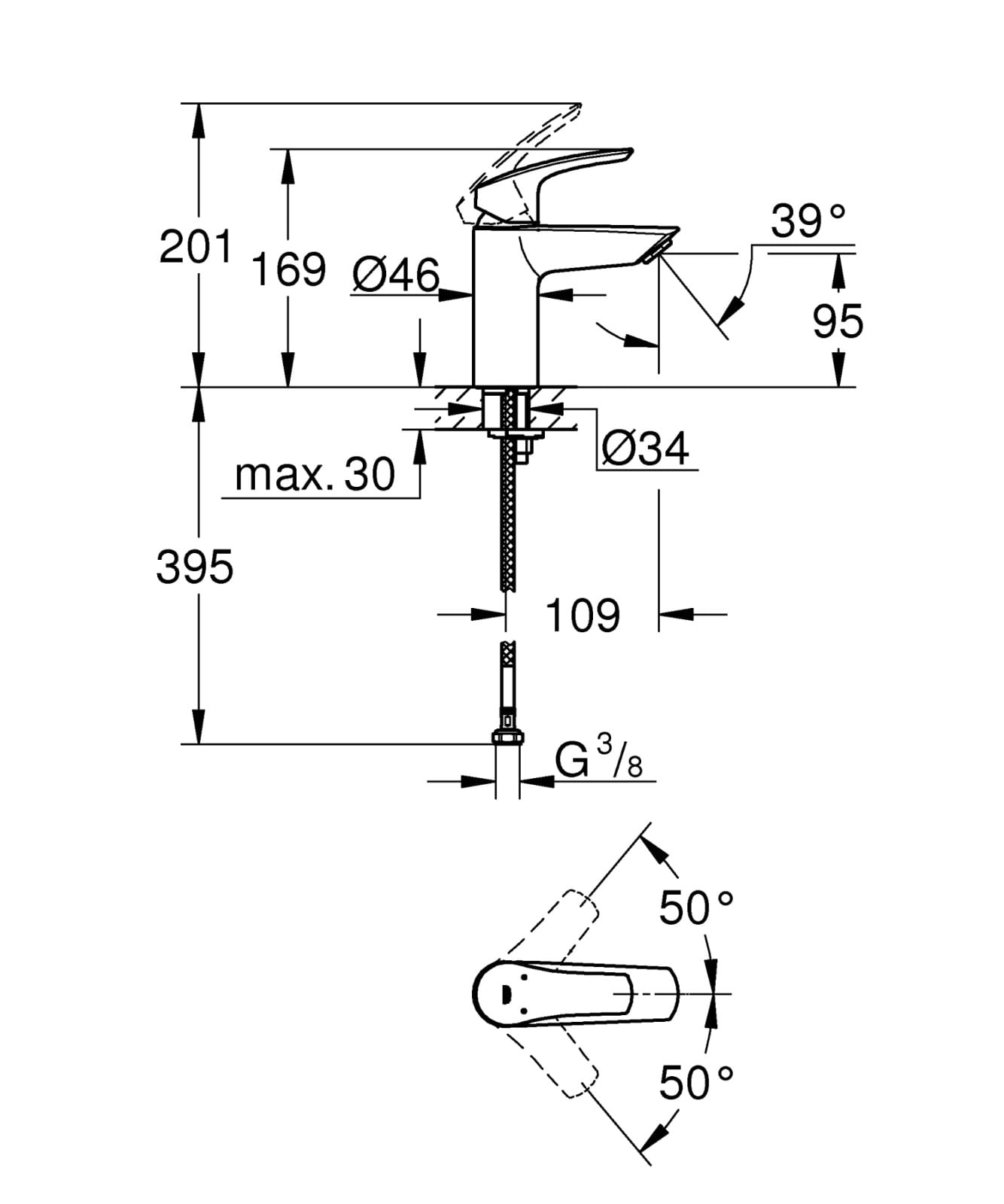 Baterie lavoar Grohe 32467003, 28 mm, 5 l/min, 0.8 bar, 35 mm, 169 mm, 109 mm, 395 mm, 1 orificii instalare, Crom — imaginea 3