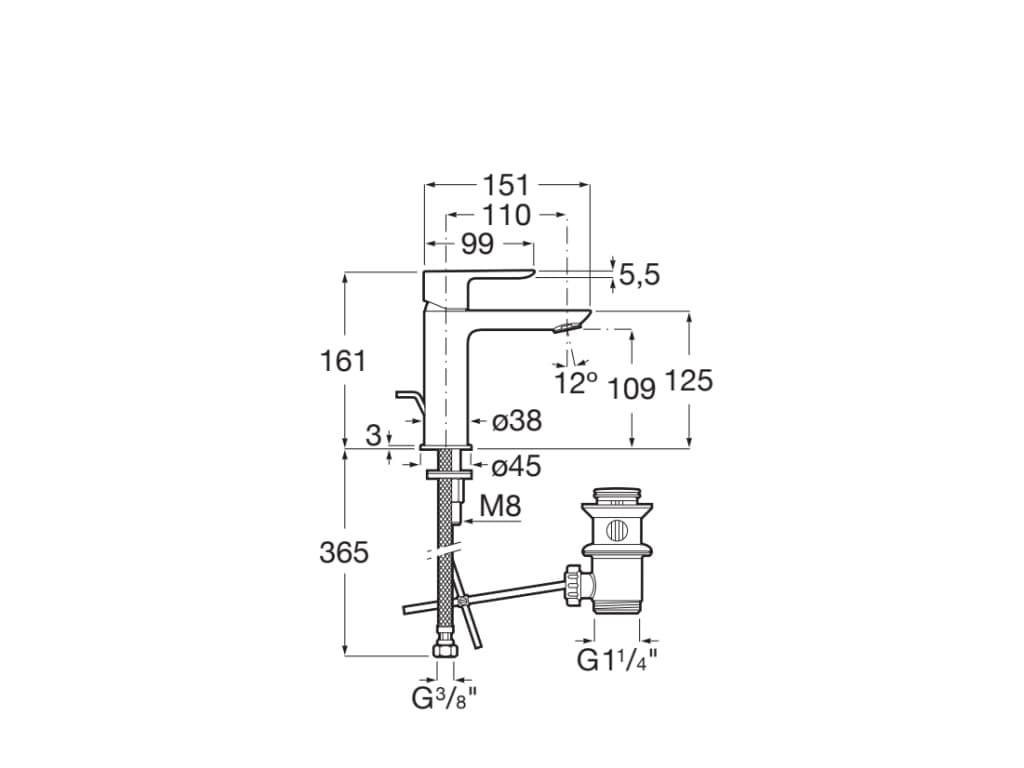 Baterie lavoar Roca A5A306EC00, 28 mm, 5 l/min, 0.5 bar, 35 mm, 161 mm, 110 mm, 365 mm, 1 orificii instalare, Crom — imaginea 2