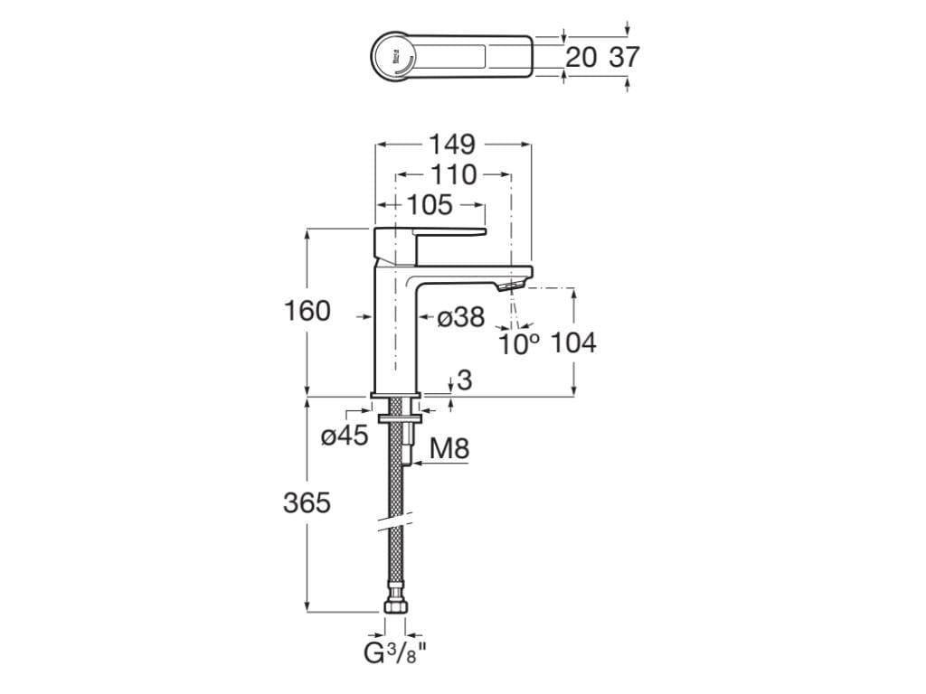 Baterie lavoar Roca A5A325FC00, 28 mm, 5 l/min, 0.5 bar, 35 mm, 160 mm, 149 mm, 365 mm, 1 orificii instalare, Crom — imaginea 2