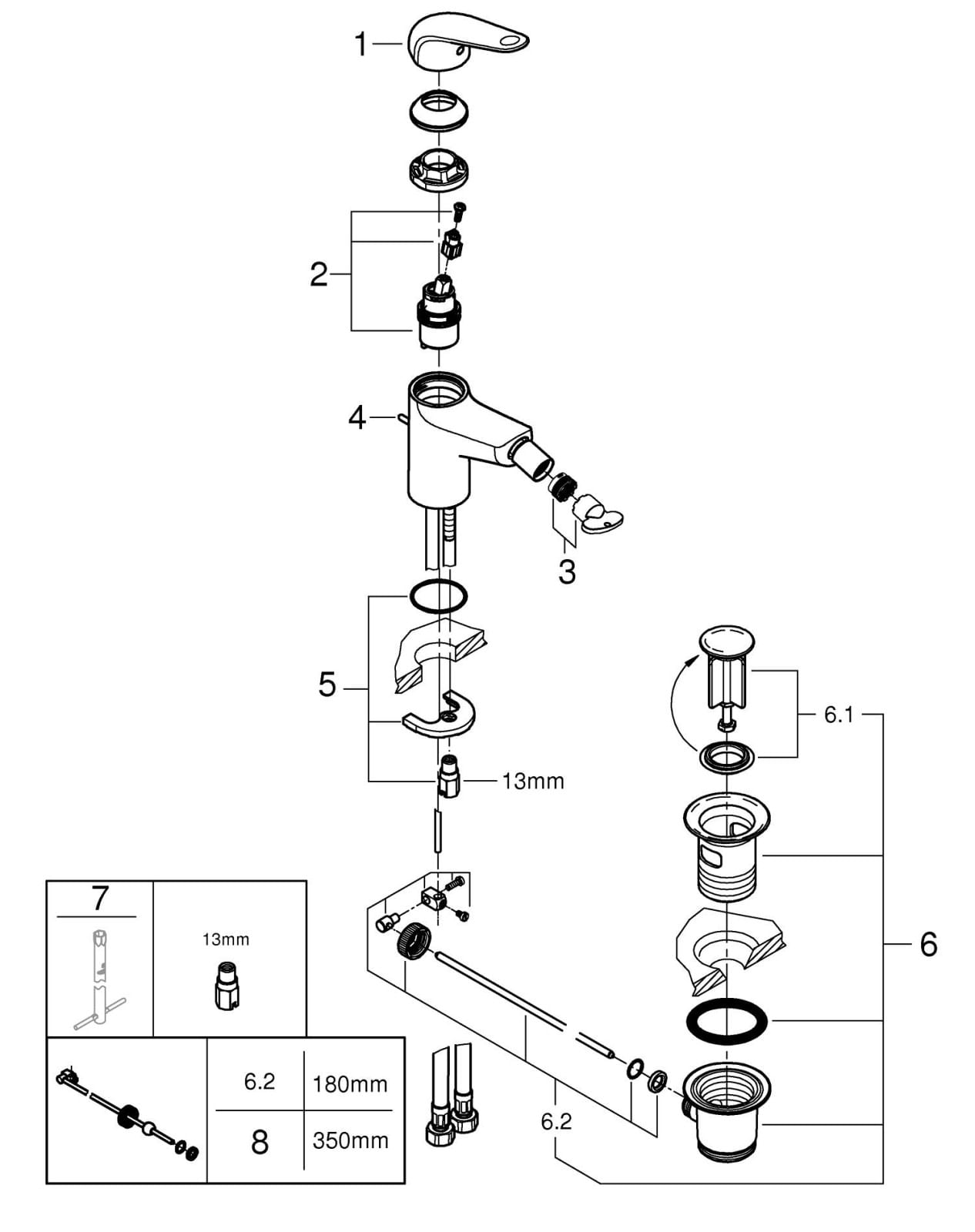 Baterie bideu Grohe 24332001, 28 mm, 0.7 bar, 35 mm, 146 mm, 111 mm, 414 mm, 1 orificii instalare, Crom — imaginea 2