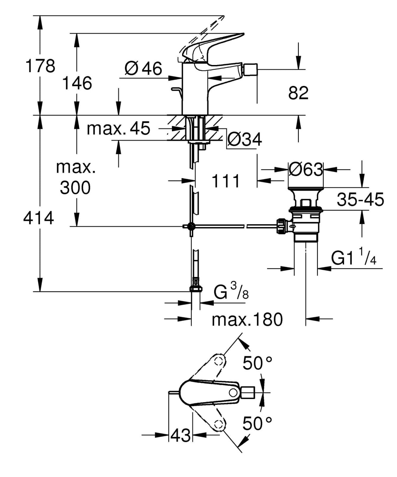Baterie bideu Grohe 24332001, 28 mm, 0.7 bar, 35 mm, 146 mm, 111 mm, 414 mm, 1 orificii instalare, Crom — imaginea 5