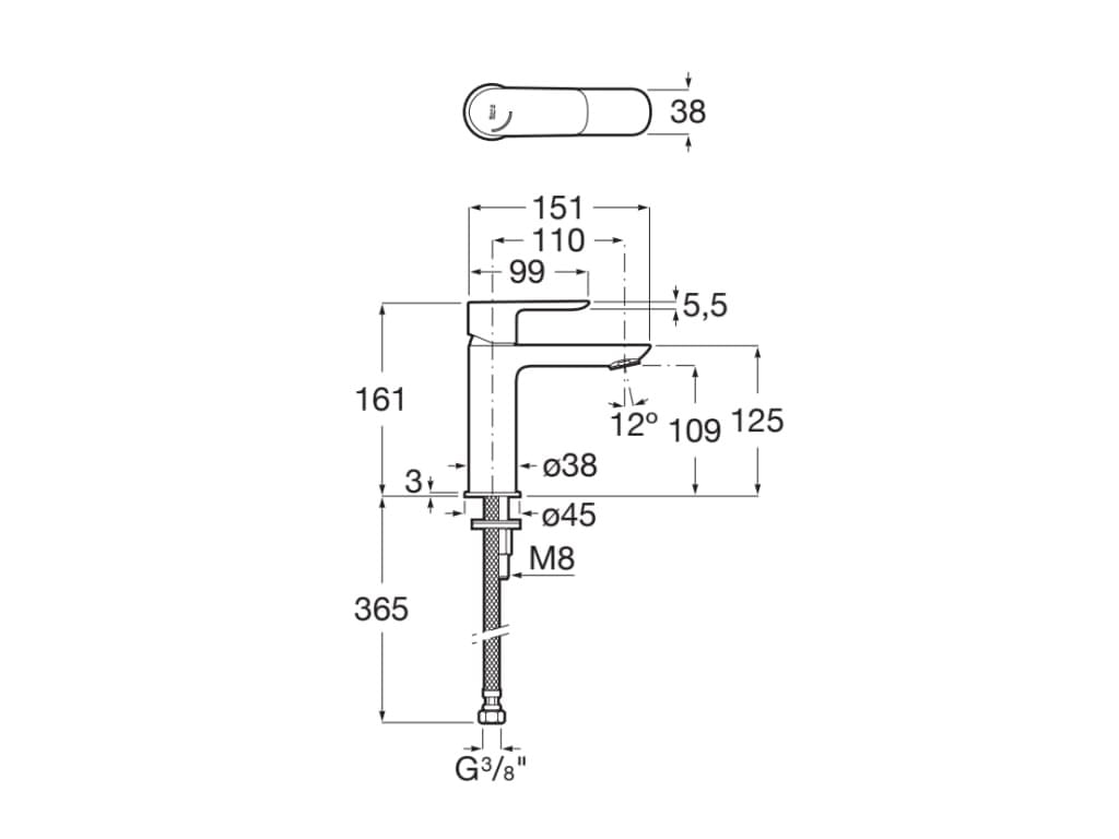 Baterie lavoar Roca A5A326ENB0, 28 mm, 5 l/min, 0.5 bar, 35 mm, 161 mm, 151 mm, 365 mm, 1 orificii instalare, Negru — imaginea 2