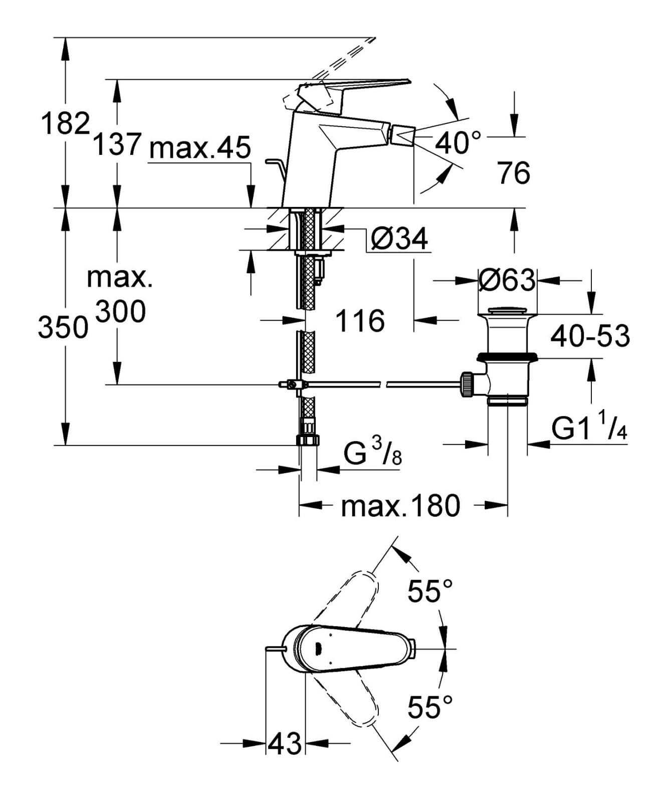 Baterie bideu Grohe 33244002, 35 mm, 0.7 bar, 137 mm, 116 mm, 350 mm, 1 orificii instalare, 3/8 dimensiune racord, Crom — imaginea 2