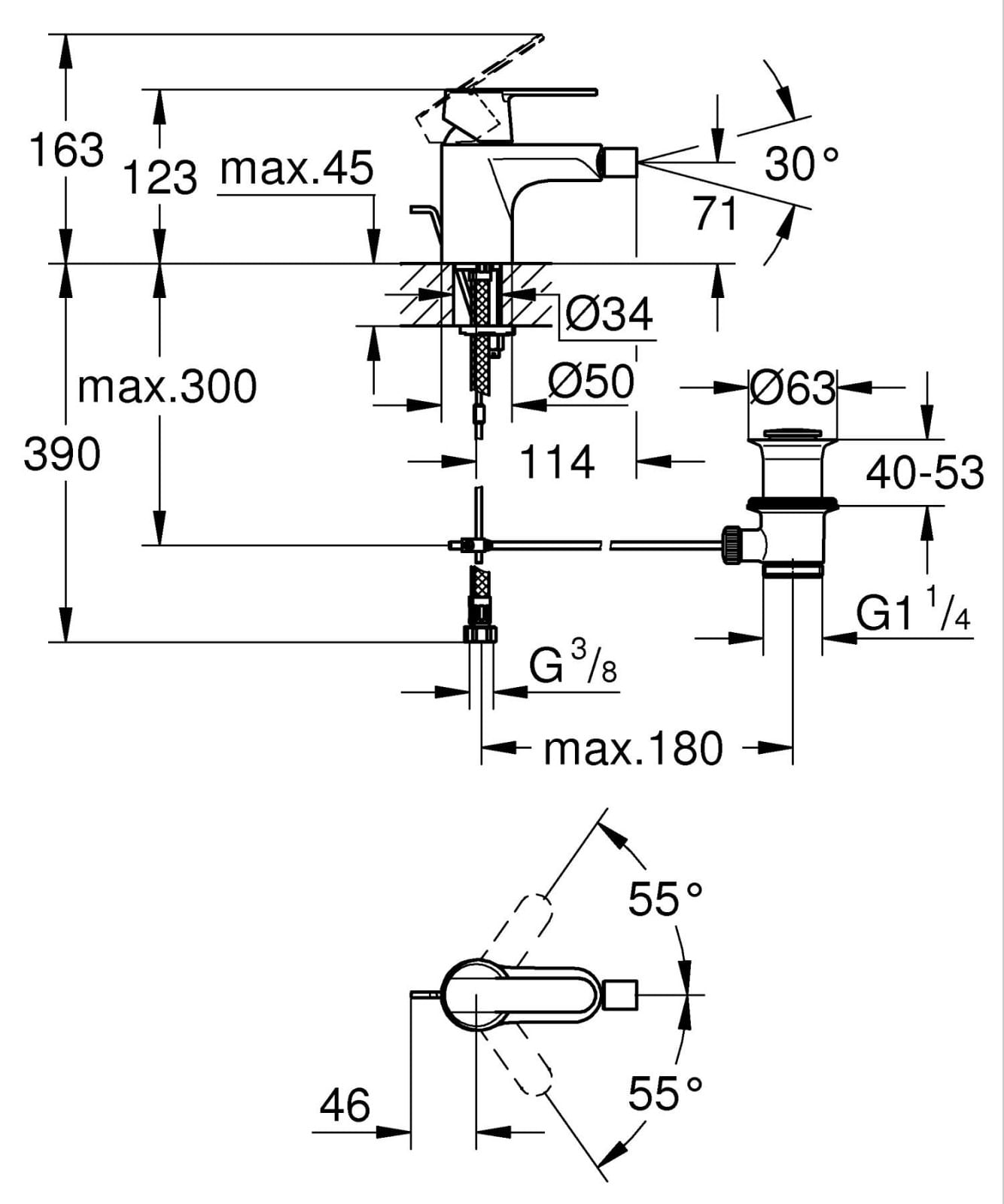 Baterie bideu Grohe 328852430, 28 mm, 0.7 bar, 35 mm, 123 mm, 114 mm, 390 mm, 1 orificii instalare, Negru — imaginea 4