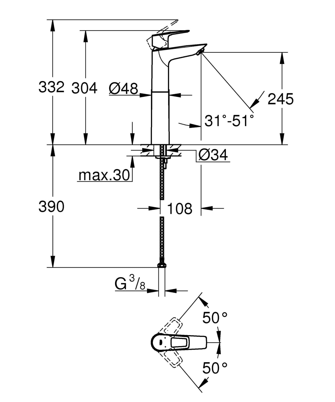 Baterie lavoar Grohe 23764001, 1 bar, 35 mm, 304 mm, 108 mm, 390 mm, 1 orificii instalare, 3/8 dimensiune racord, Crom — imaginea 3