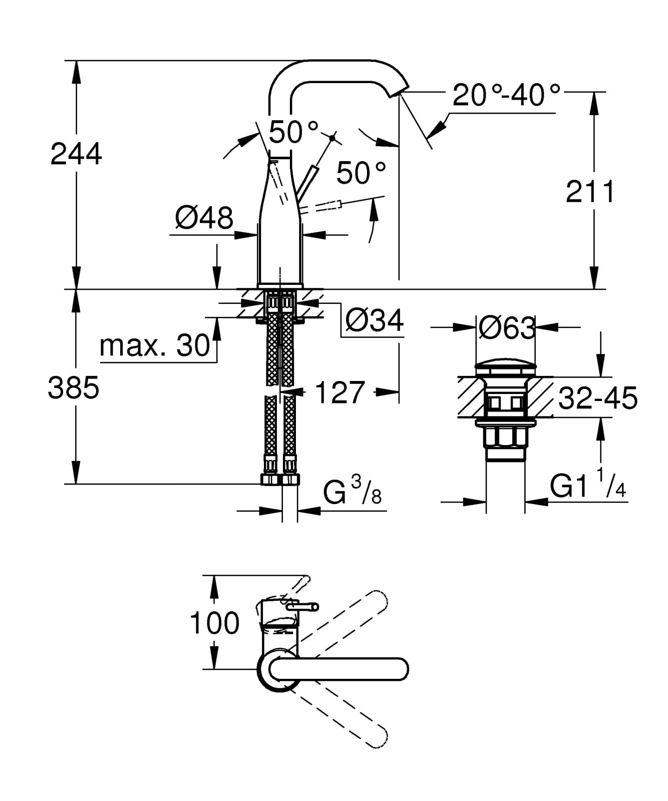 Baterie lavoar Grohe 23799001, 28 mm, 1 bar, 35 mm, 244 mm, 127 mm, 385 mm, 1 orificii instalare, Crom — imaginea 2